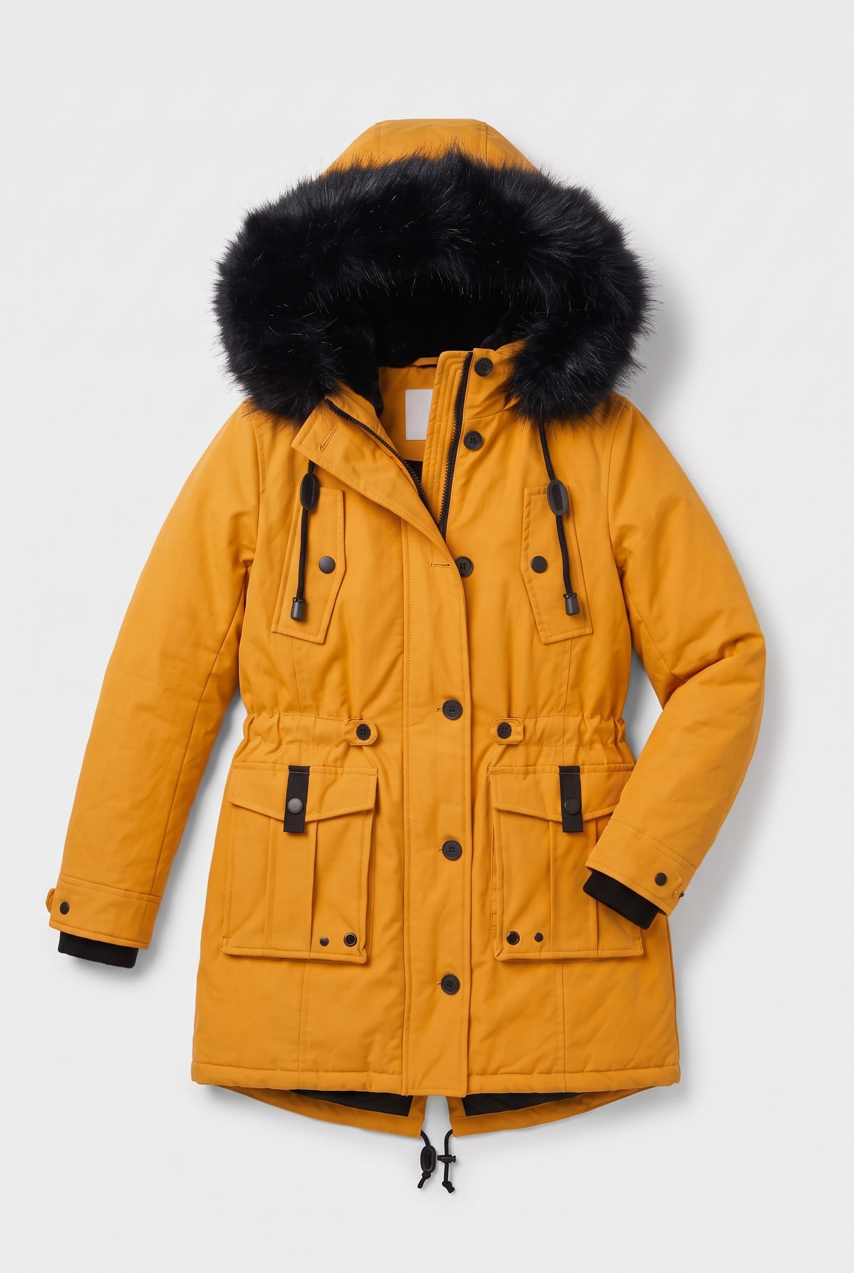 Women's Coat | Hooded Button Front - Yellow detail