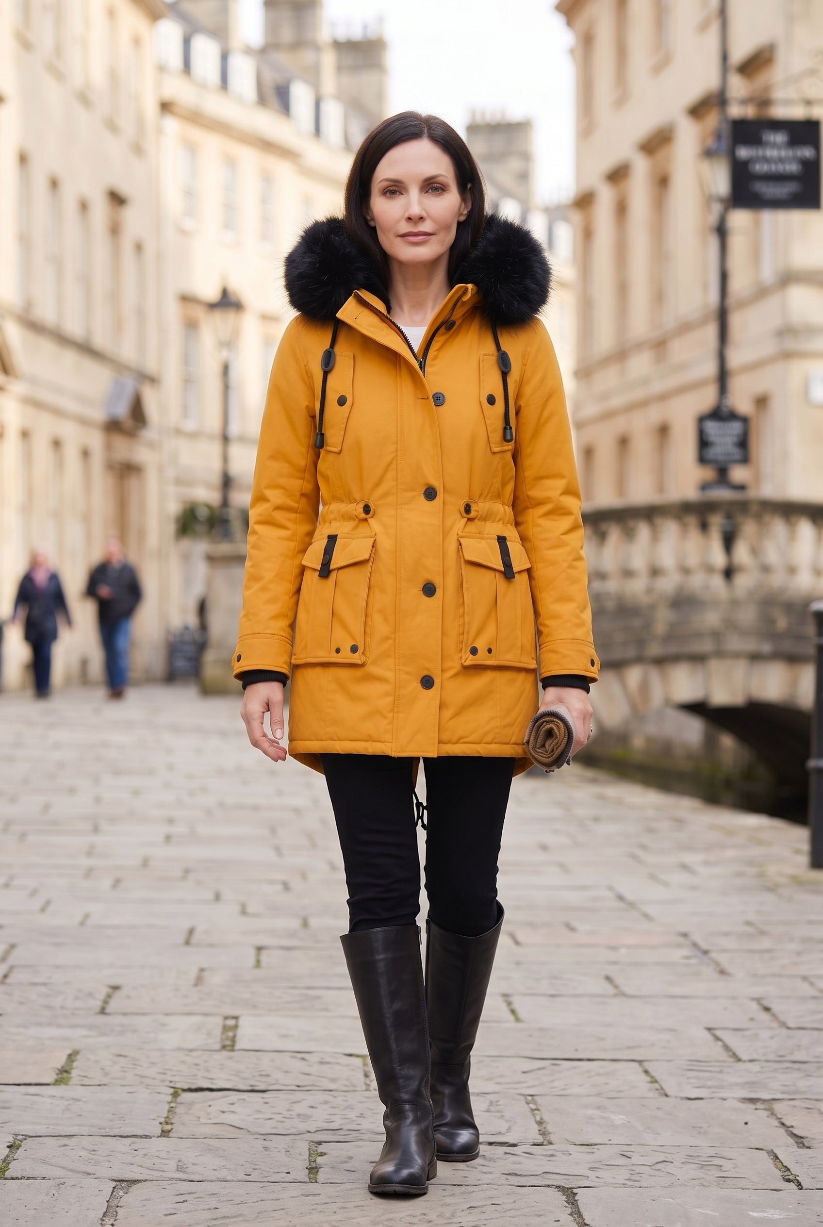 Women's Coat | Hooded Button Front - Yellow lifestyle