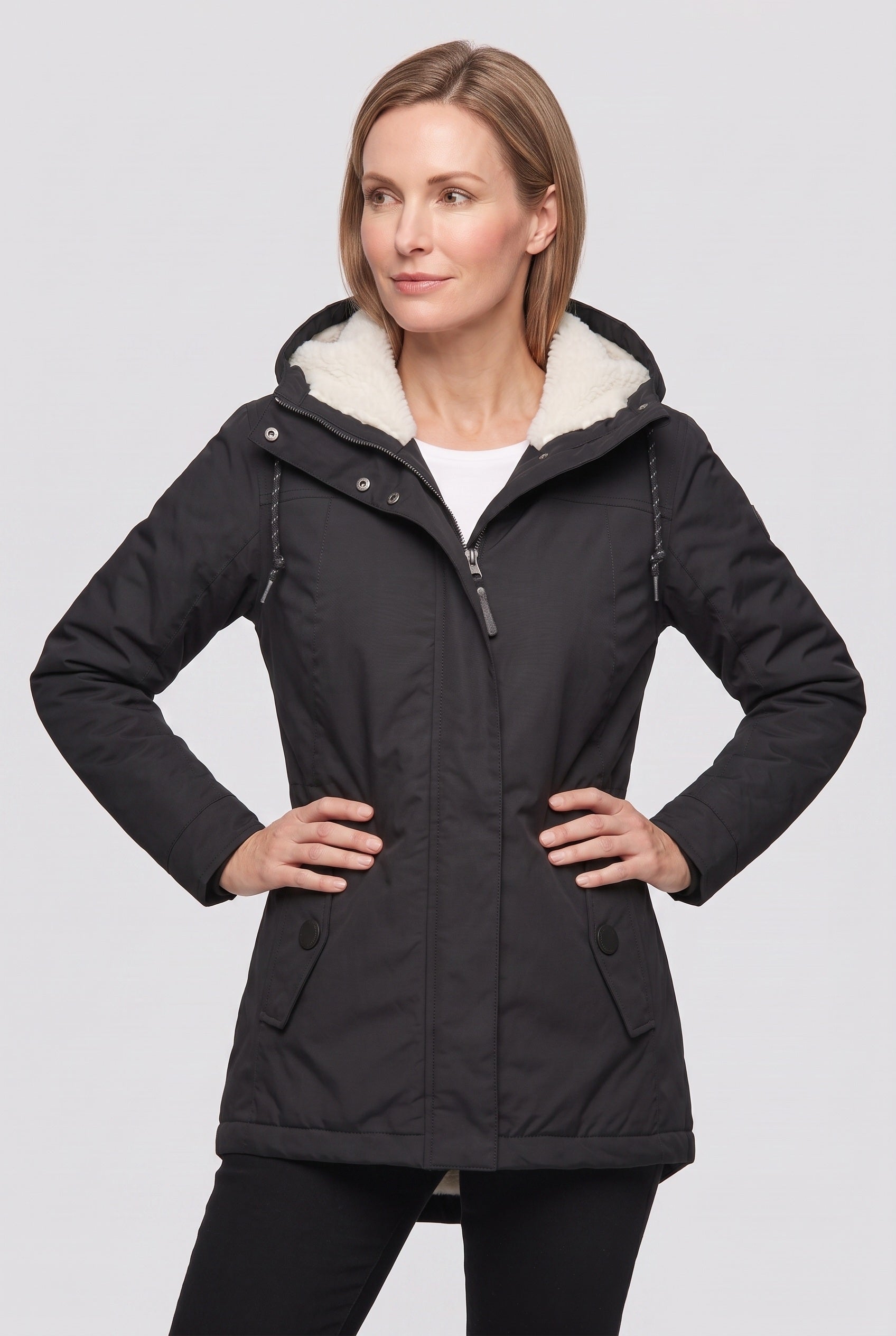 Women's Coat | Hooded Zip Front - Black