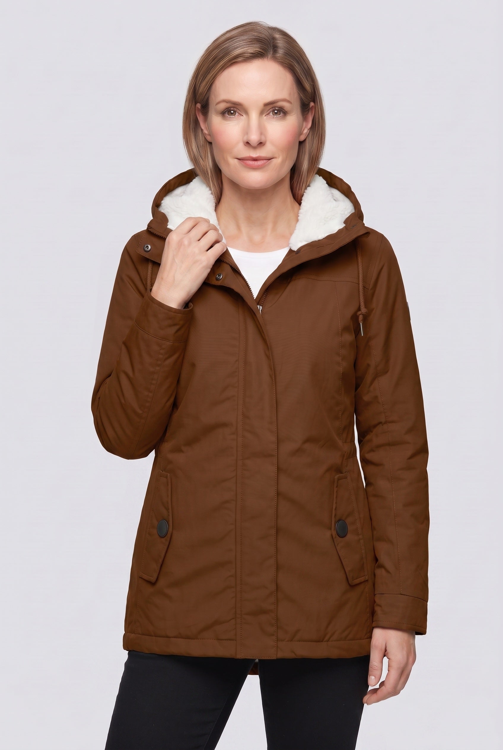 Women's Coat | Hooded Zip Front - Brown