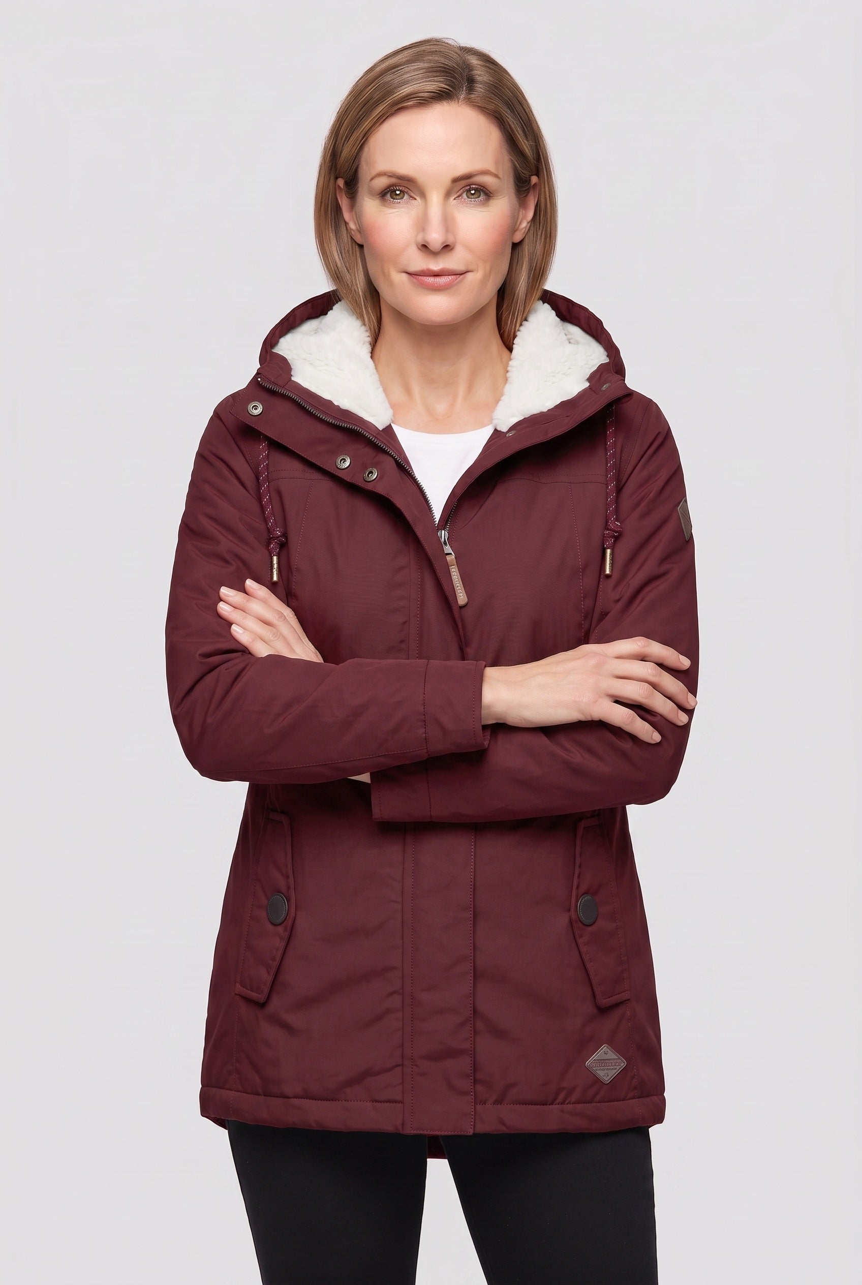 Women's Coat | Hooded Zip Front - Burgundy
