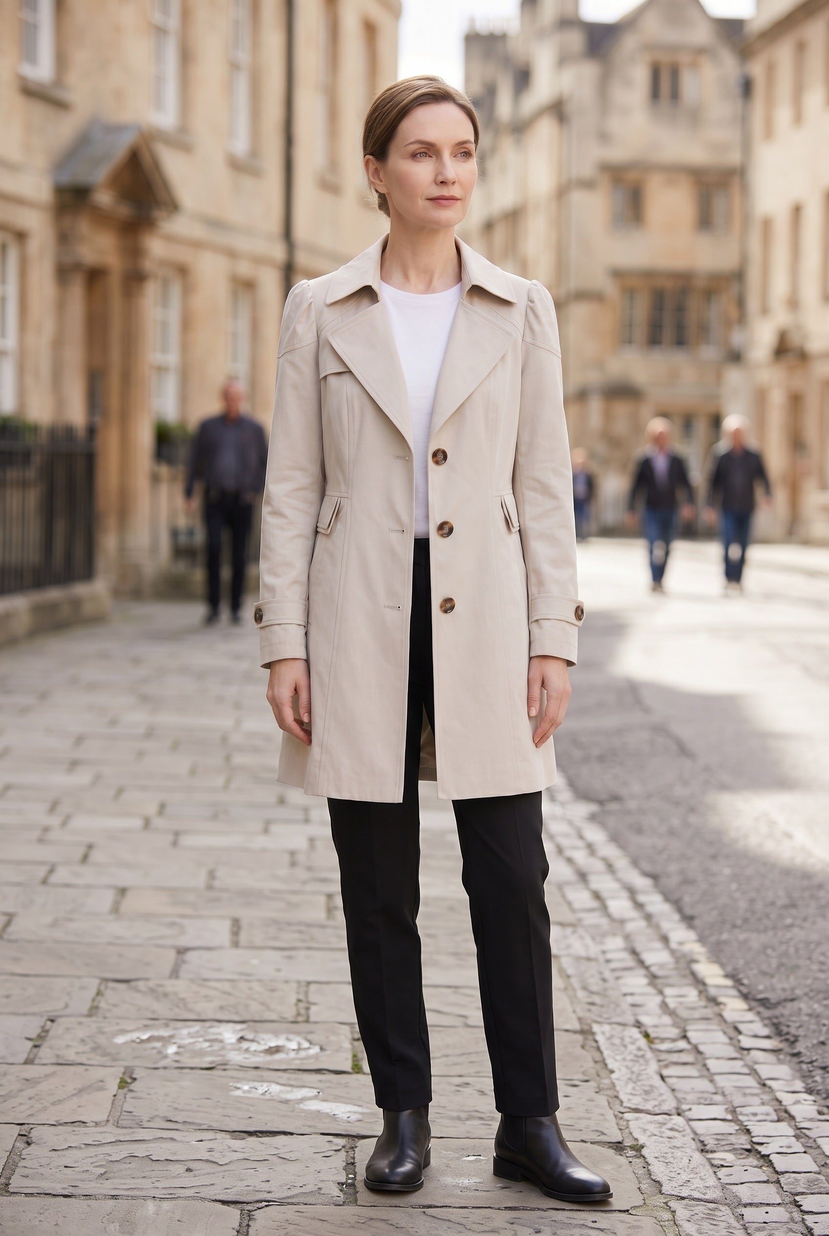 Women's Coat | Trench Style Button Front - Beige lifestyle