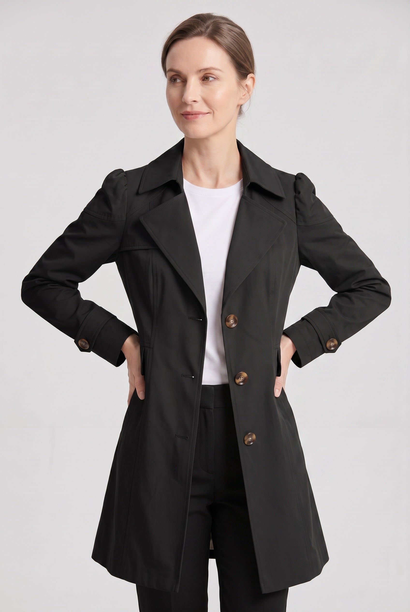 Women's Coat | Trench Style Button Front - Black