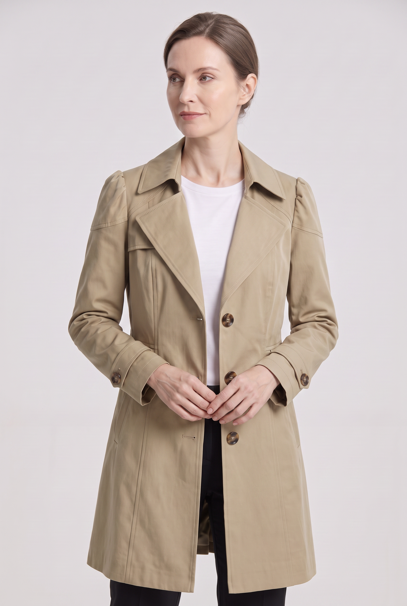 Women's Coat | Trench Style Button Front - Khaki