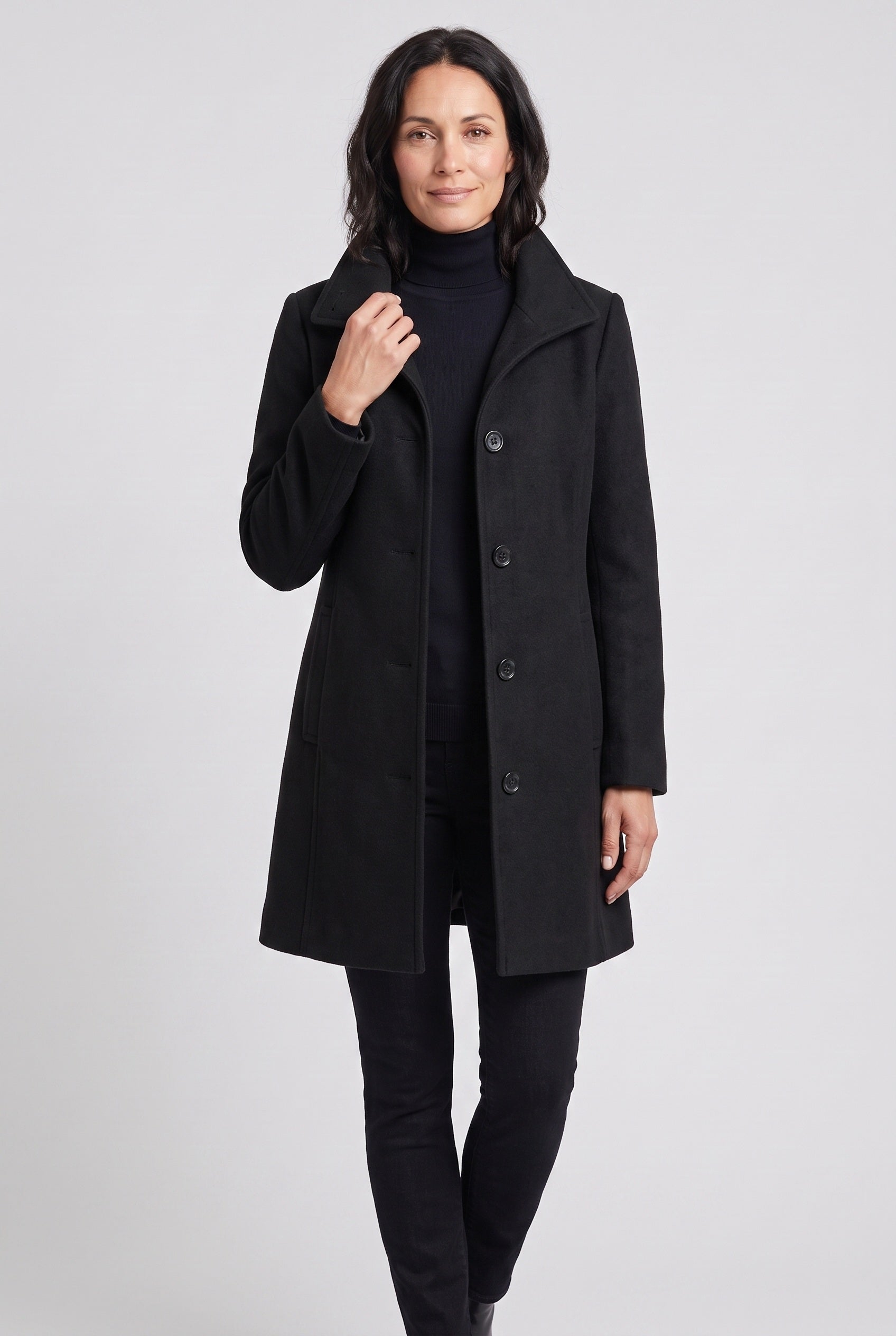 Women's Coat | Mid-Length Button Front - Black