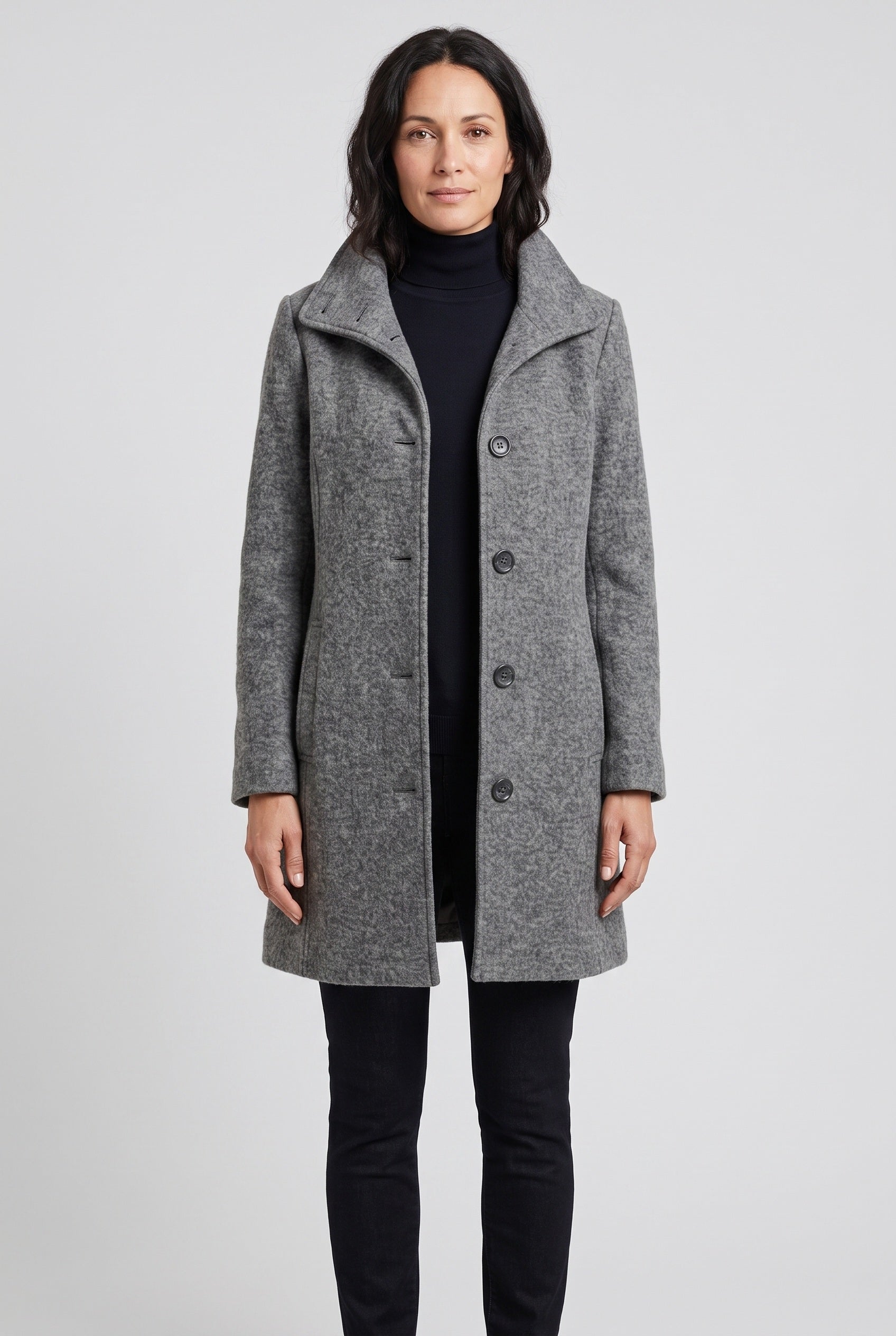 Women's Coat | Mid-Length Button Front - Dark Grey