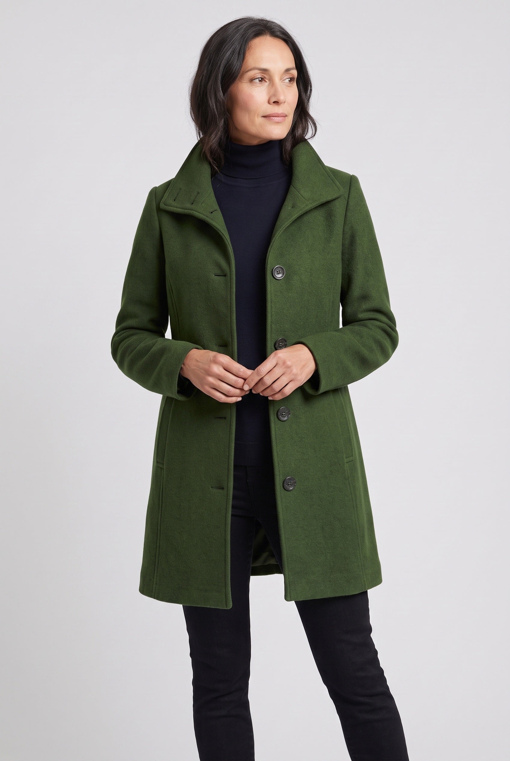 Women's Coat | Mid-Length Button Front - Green