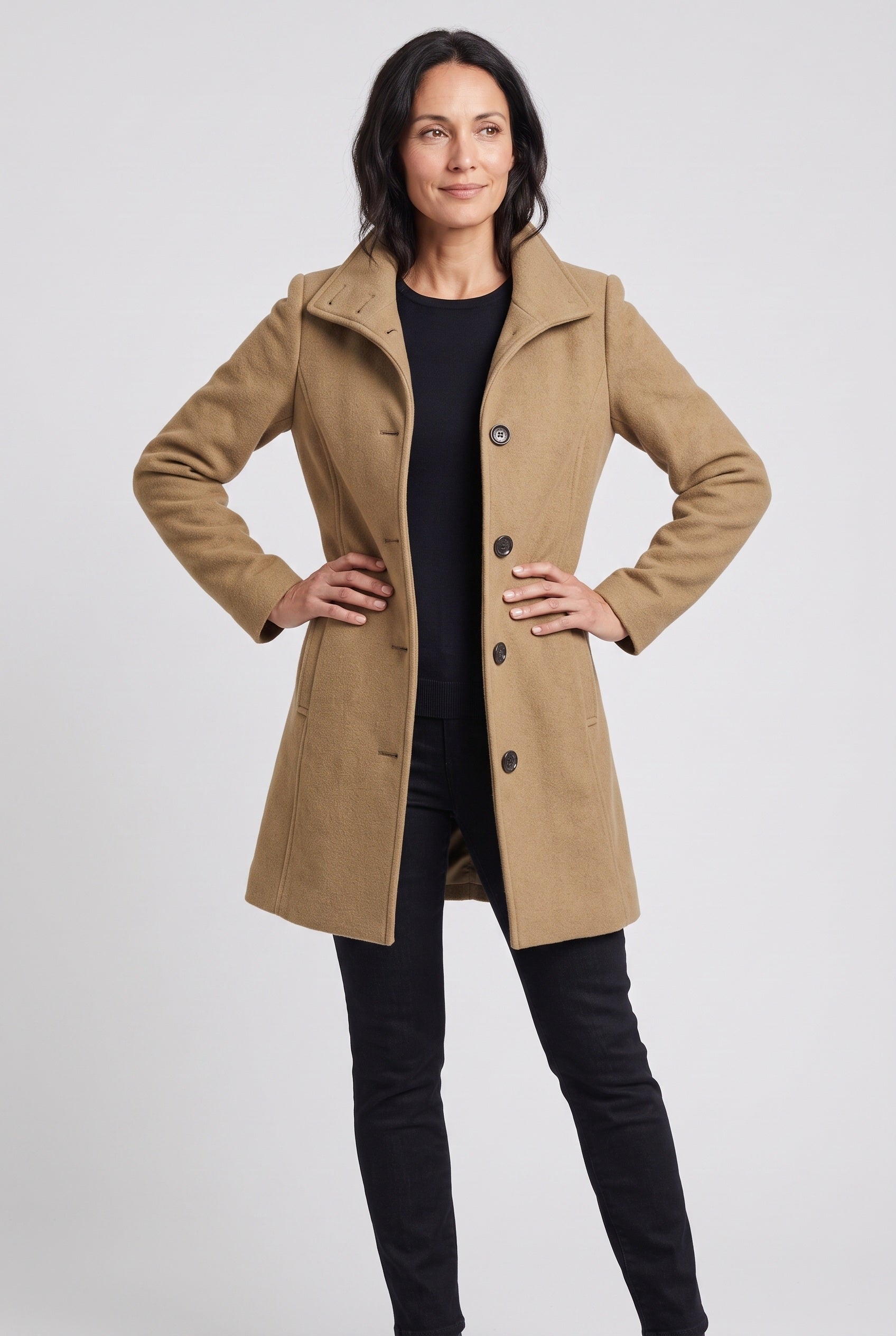 Women's Coat | Mid-Length Button Front - Khaki