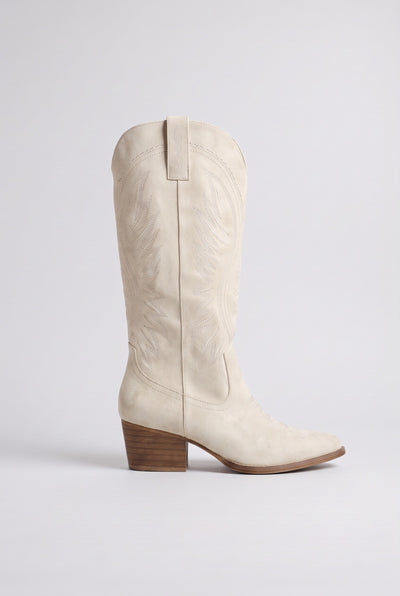 Women's Cowboy Boots | Embroidered Block Heel - White