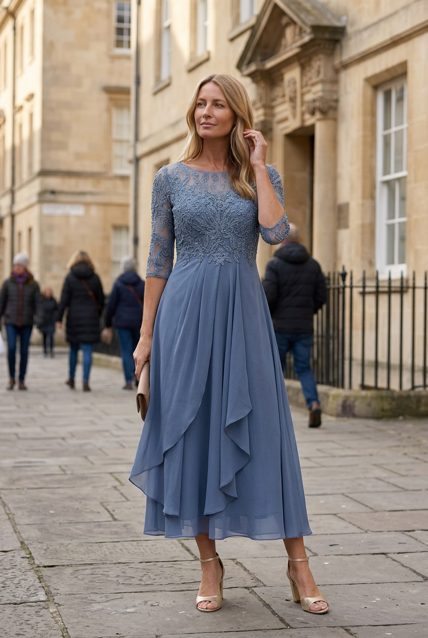 Women's Embroidered Flared Wedding Guest Dress | Midi - 4