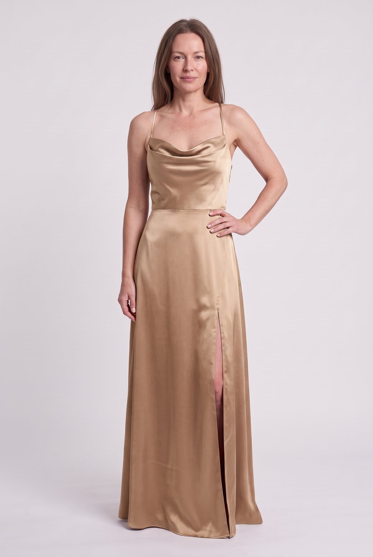 Women's Evening Dress | Satin Cowl-Neck Maxi - Brown