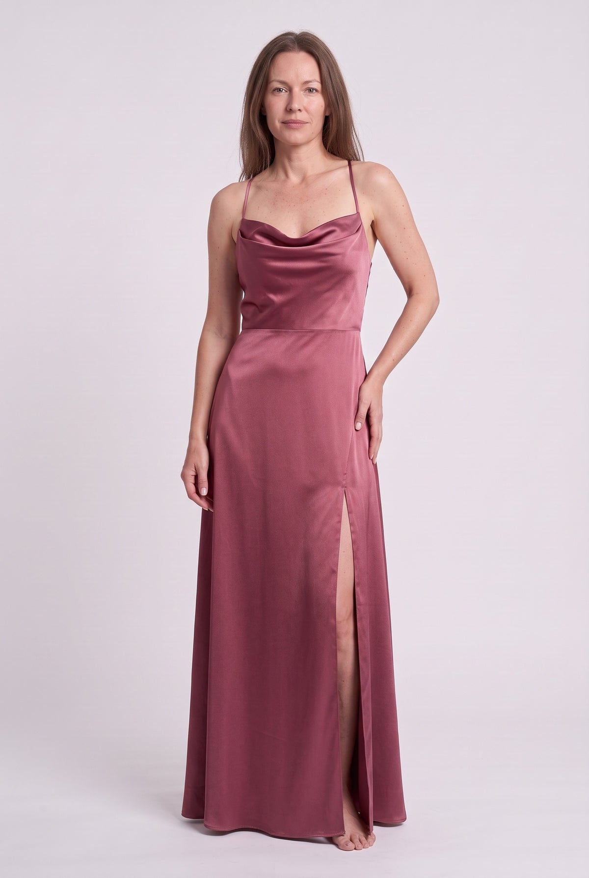 Women's Evening Dress | Satin Cowl-Neck Maxi - Pink