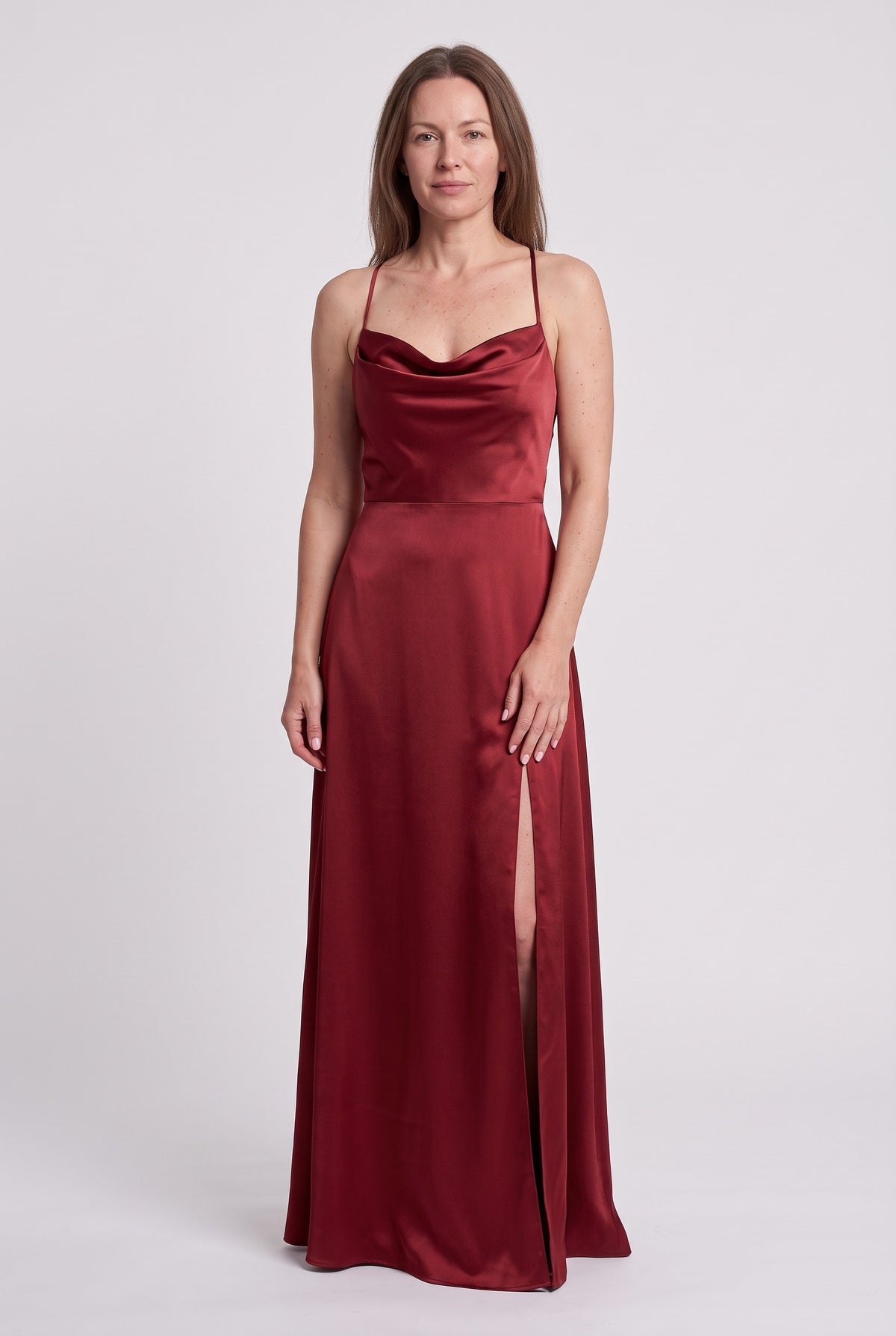 Women's Evening Dress | Satin Cowl-Neck Maxi - Red