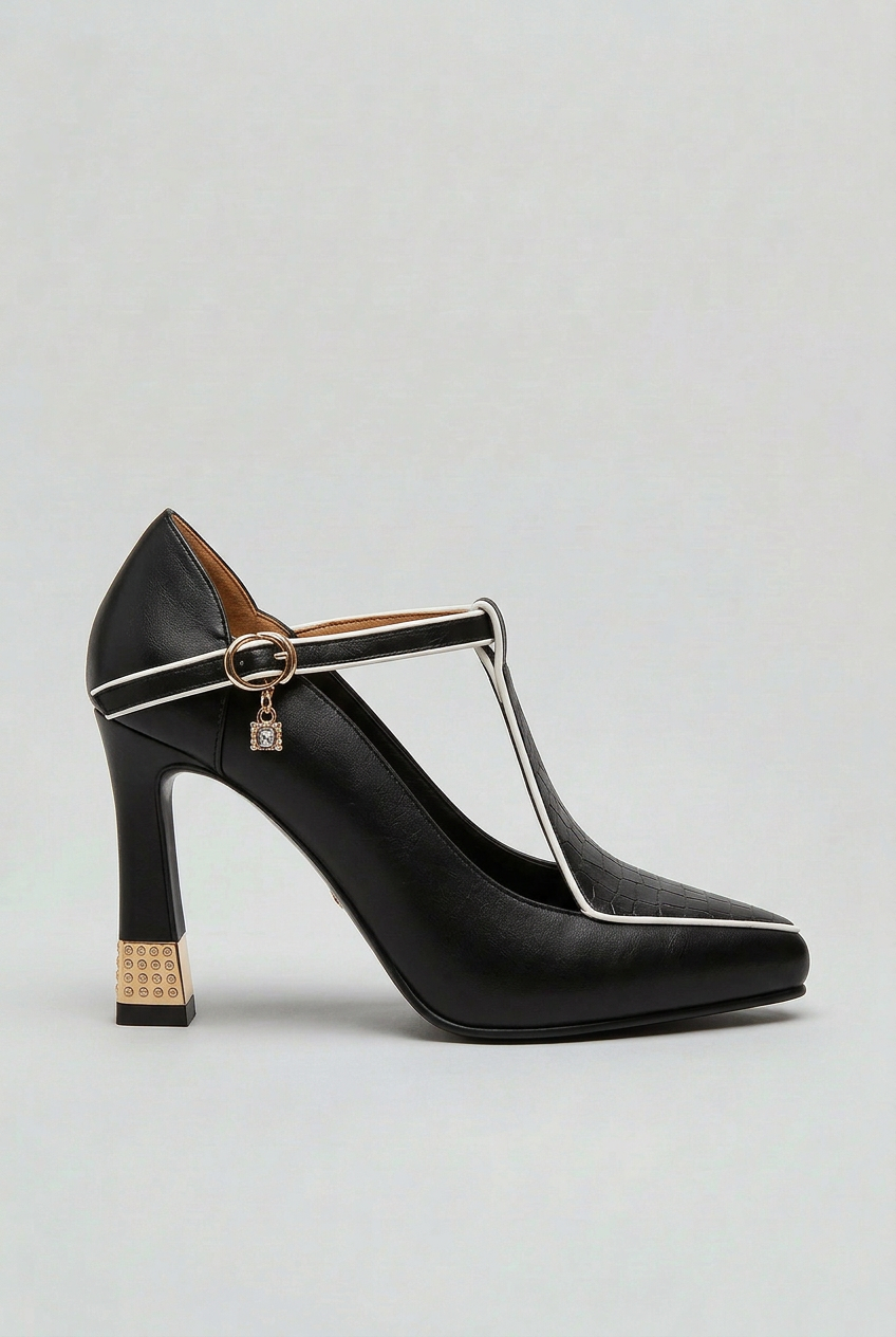 Women’s Heels | T-Bar Strap with Gold Trim Detail - 1