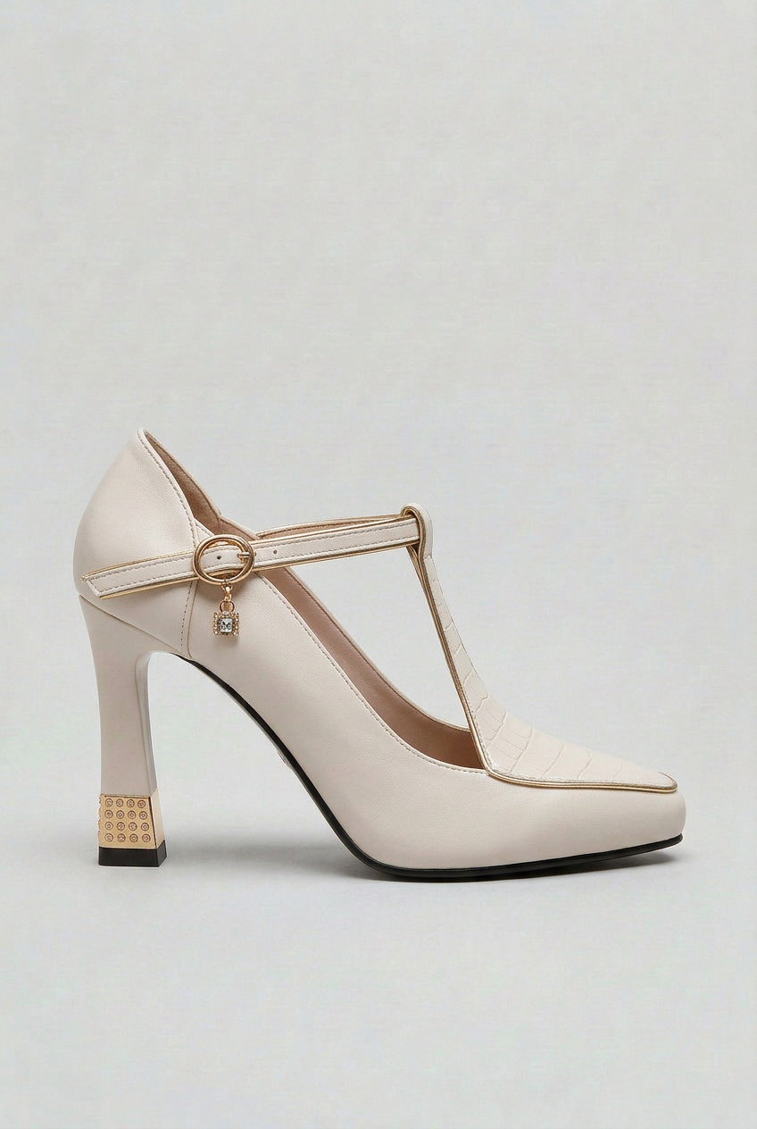 Women’s Heels | T-Bar Strap with Gold Trim Detail - 5