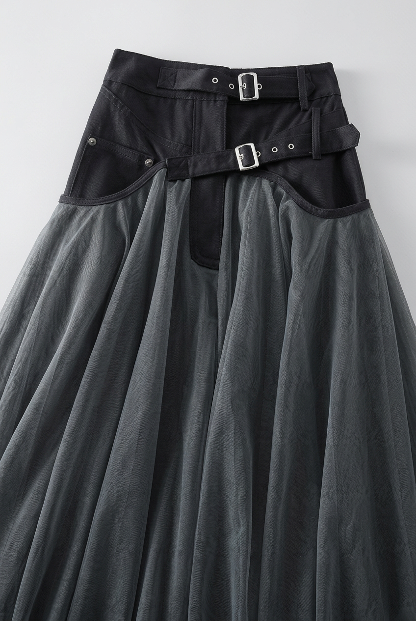 Women's High Waist A Line Layered Tulle Skirt | Belted Waist-3