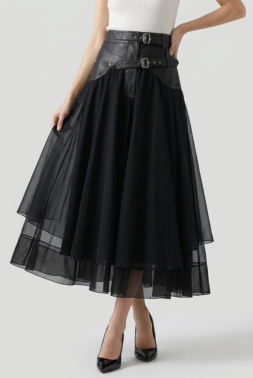 Women's High Waist A Line Layered Tulle Skirt | Belted Waist-5