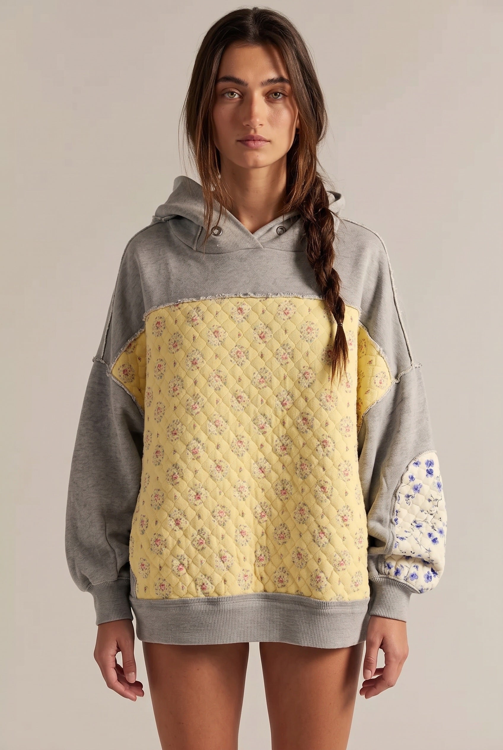 Women's Hoodie | Embroidered Panel Pullover - Grey