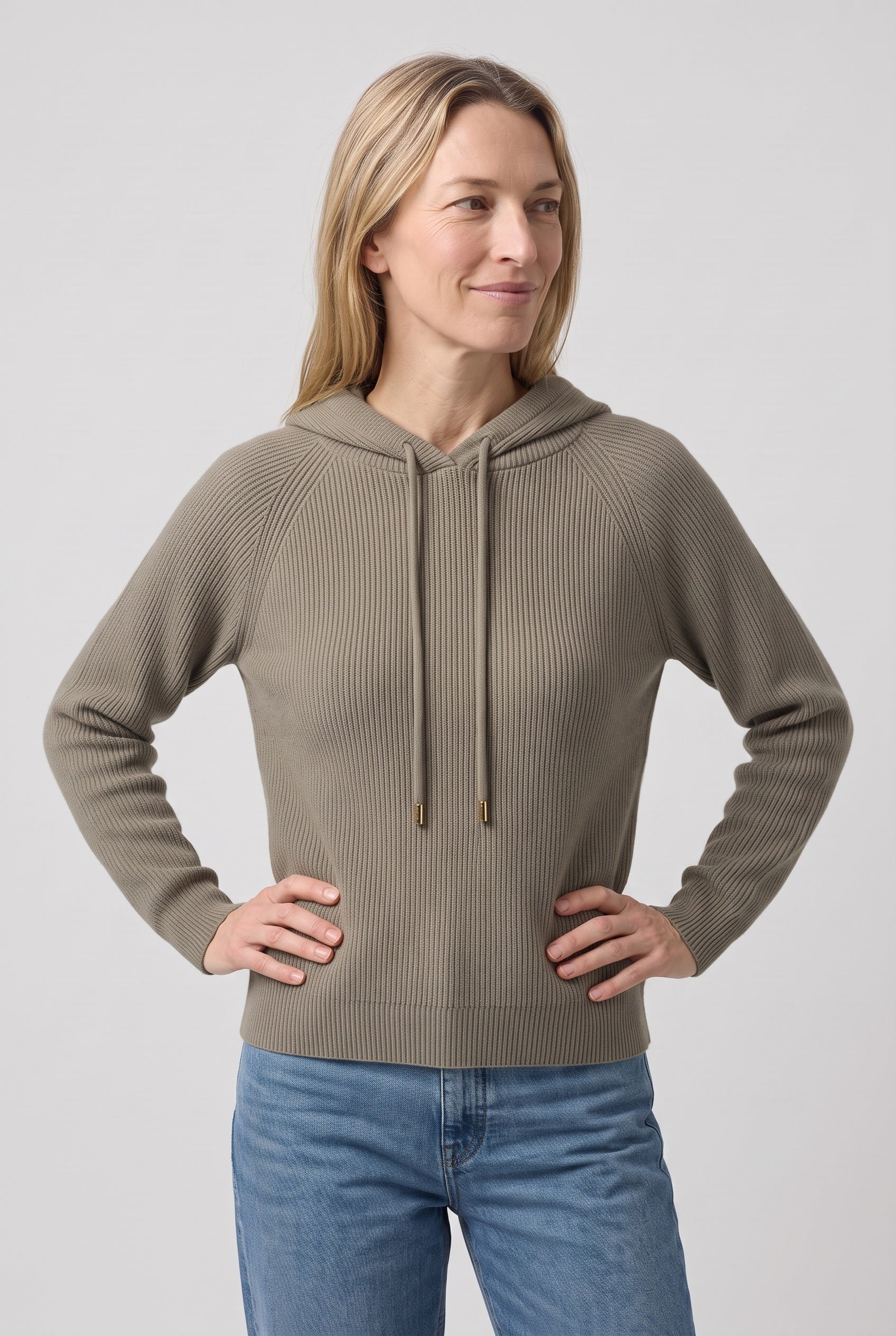 Women's Hoodie | Relaxed Ribbed Pullover - Khaki