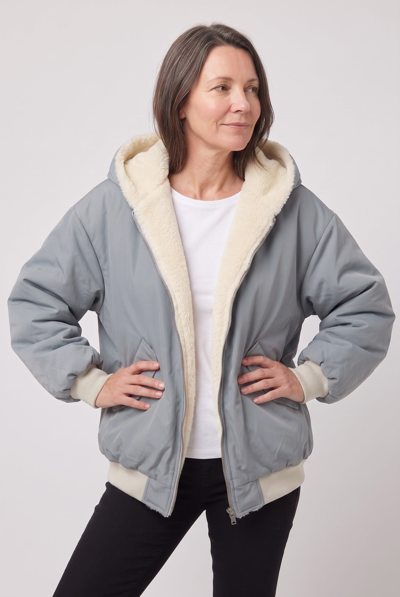 Women's Jacket | Hooded Faux Fur Trim - Blue