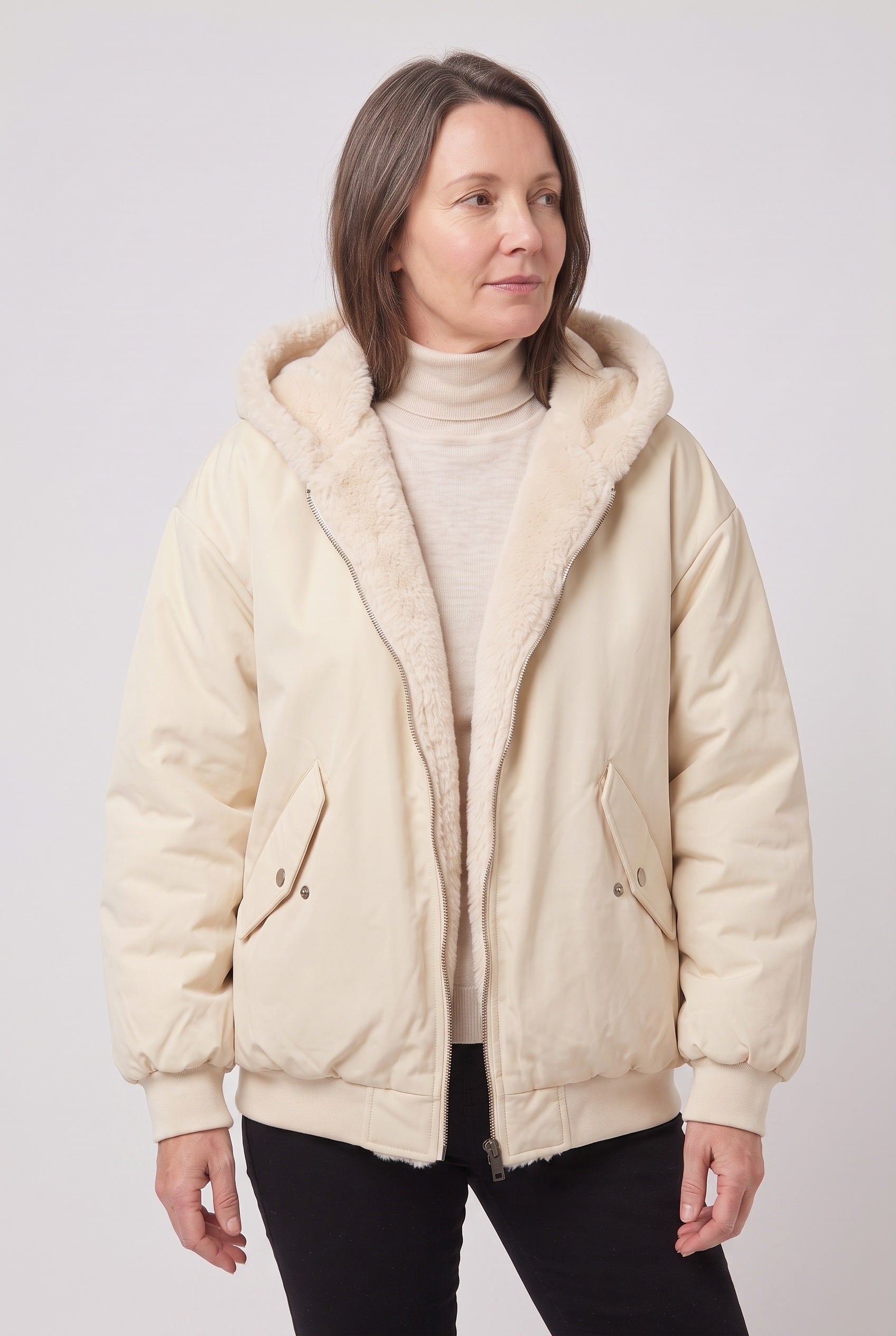 Women's Jacket | Hooded Faux Fur Trim - White