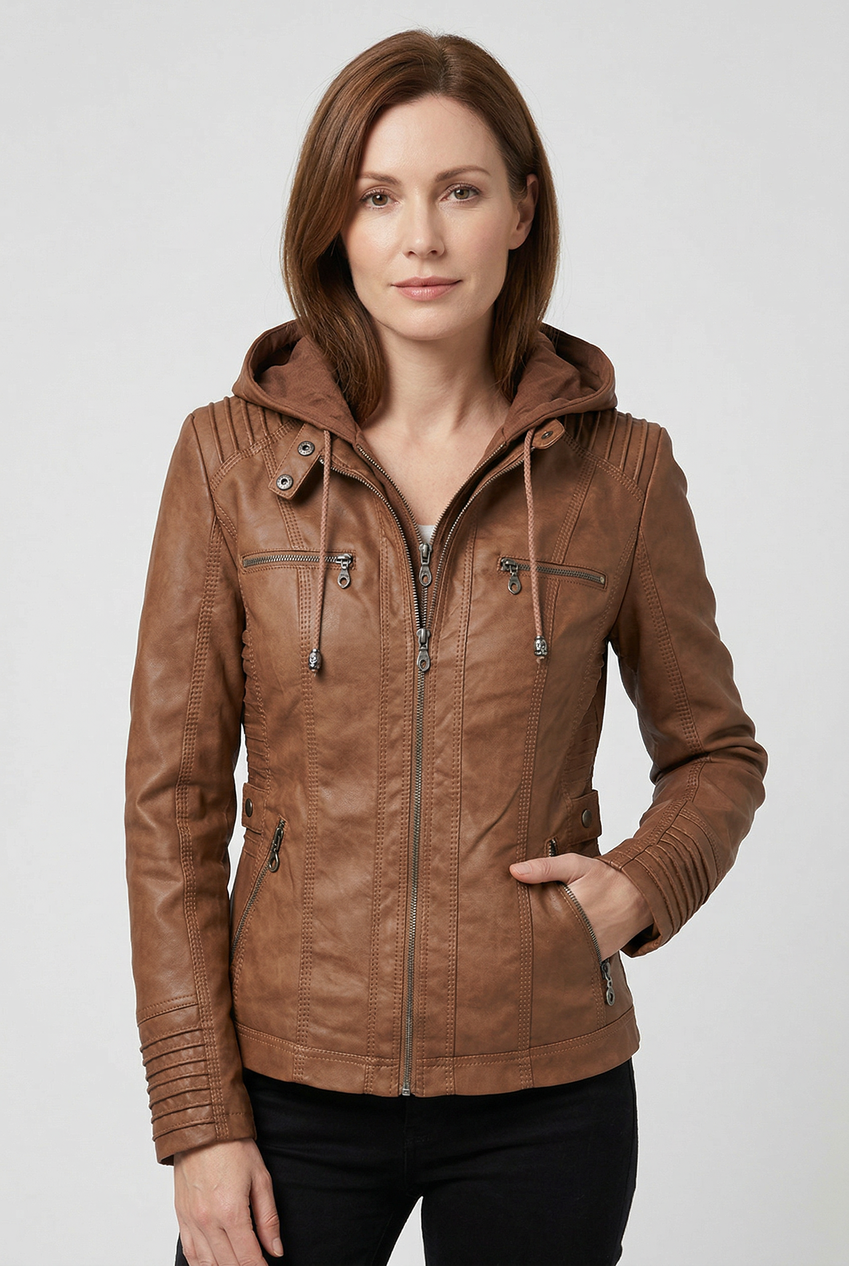 Women’s Jacket | Hooded Leather Look with Zip - 1