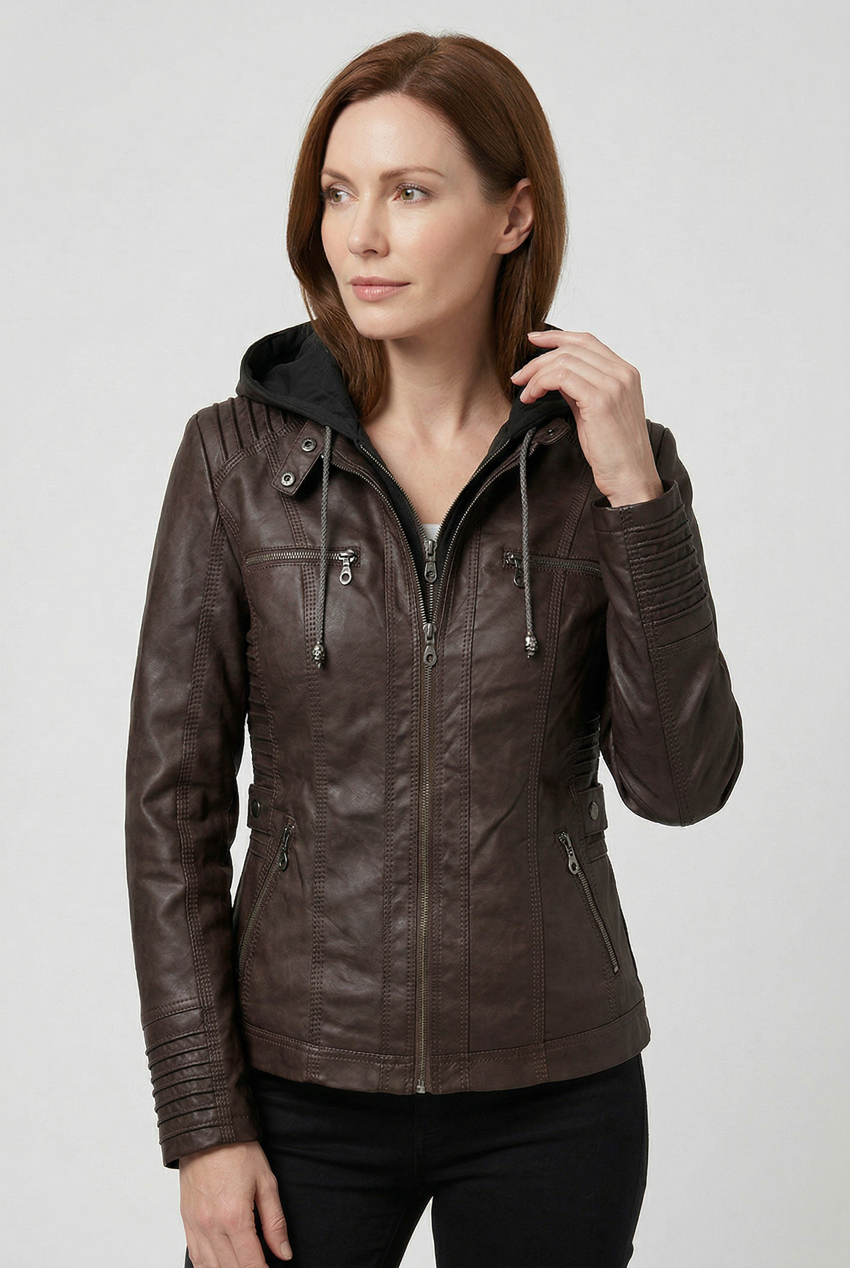 Women’s Jacket | Hooded Leather Look with Zip - 10