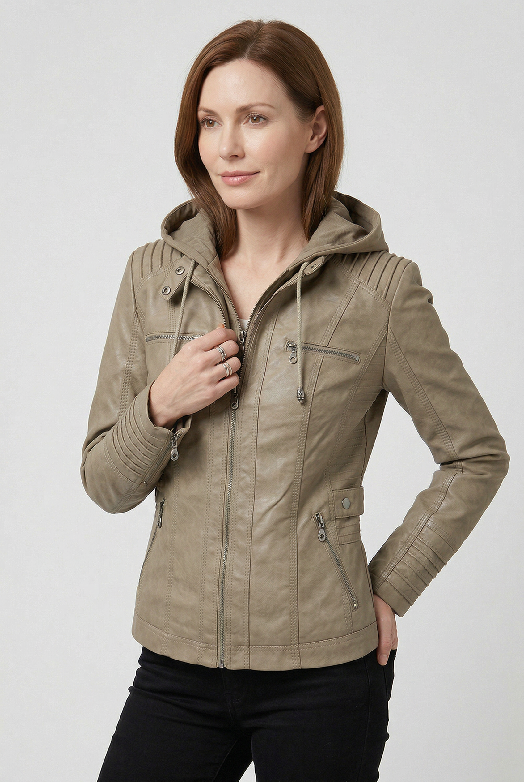 Women’s Jacket | Hooded Leather Look with Zip - 13