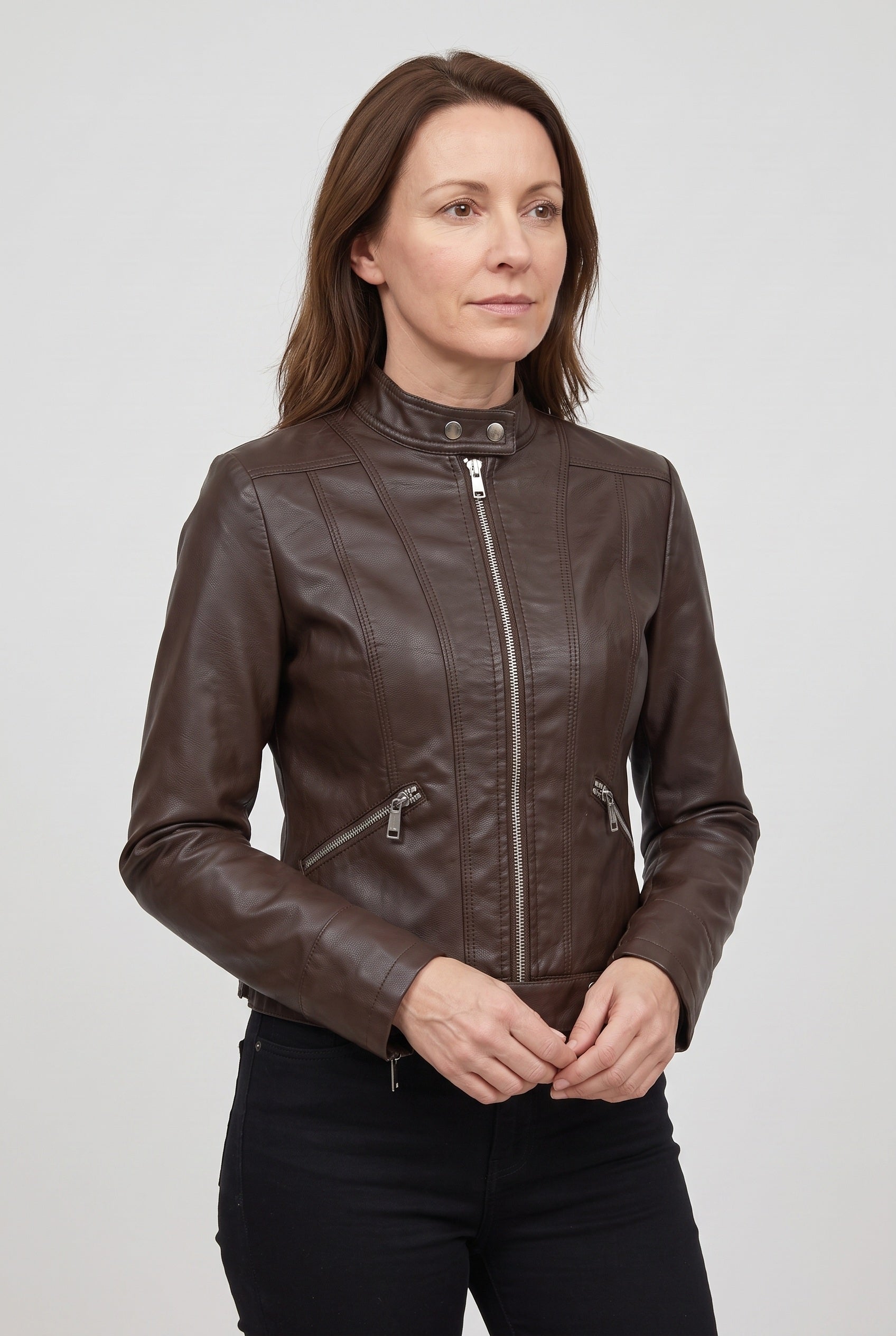 Women's Jacket | Leather-Look Biker - Coffee