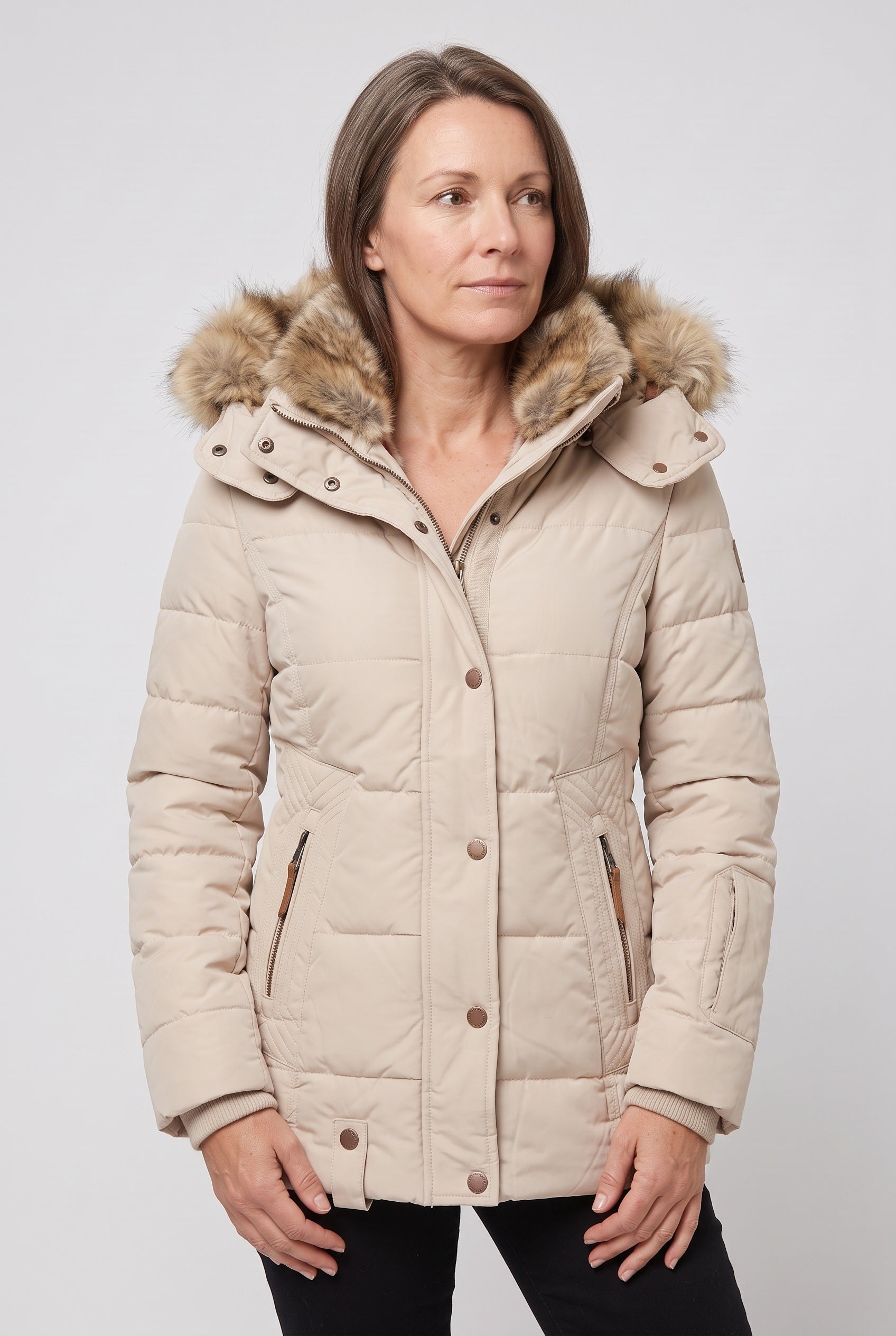 Women's Jacket | Faux Fur Hood Quilted - Beige