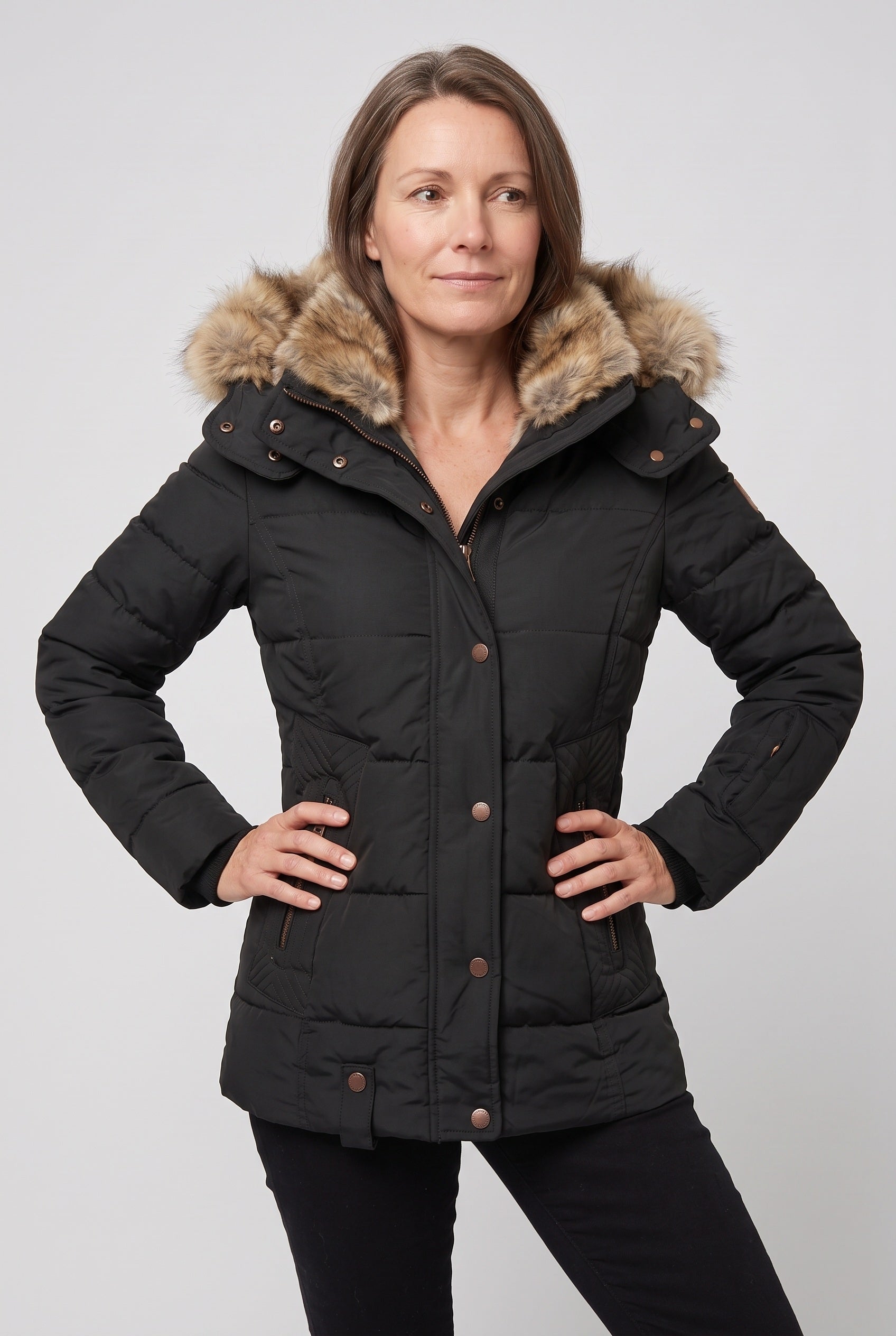 Women's Jacket | Faux Fur Hood Quilted - Black
