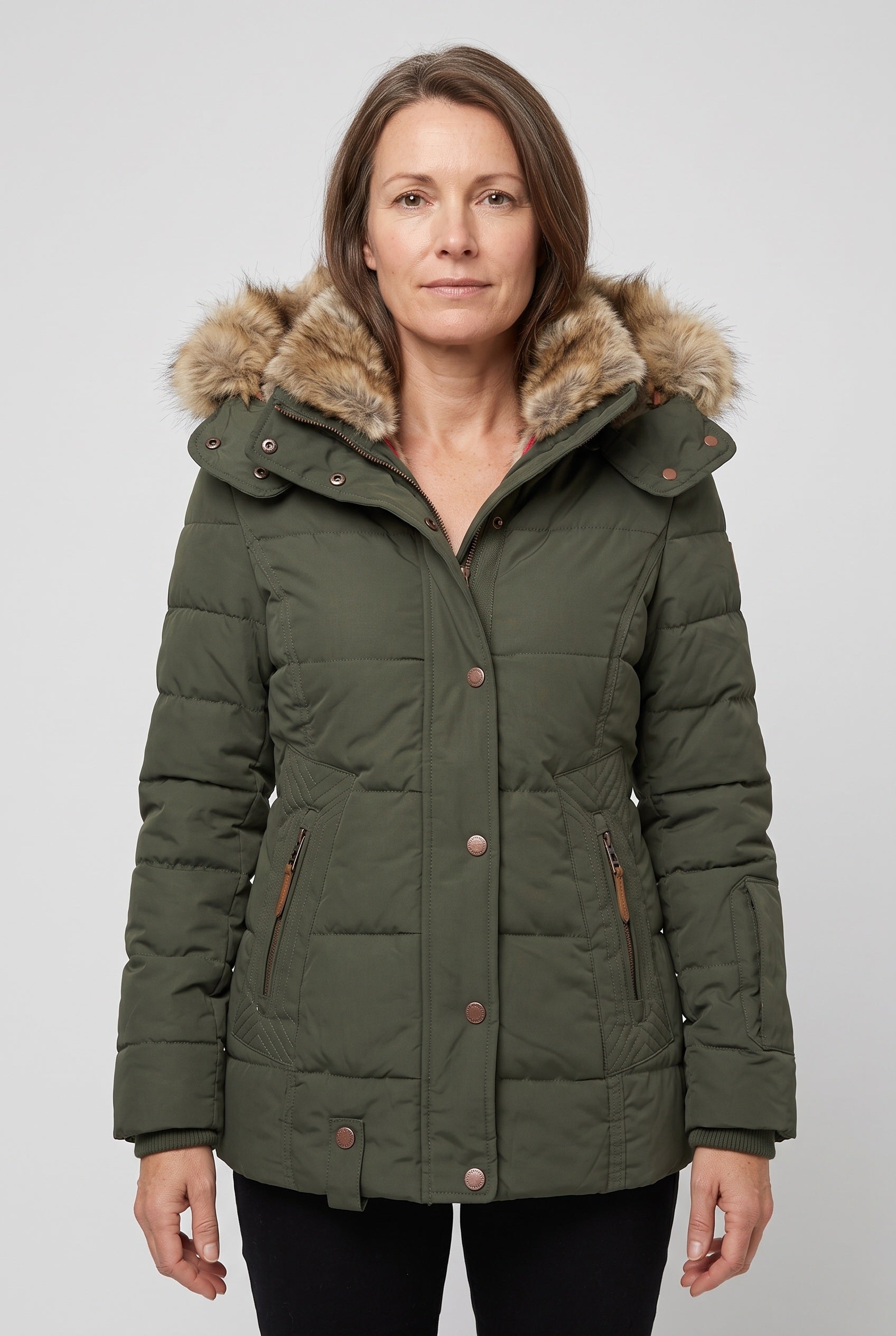 Women's Jacket | Faux Fur Hood Quilted - Green