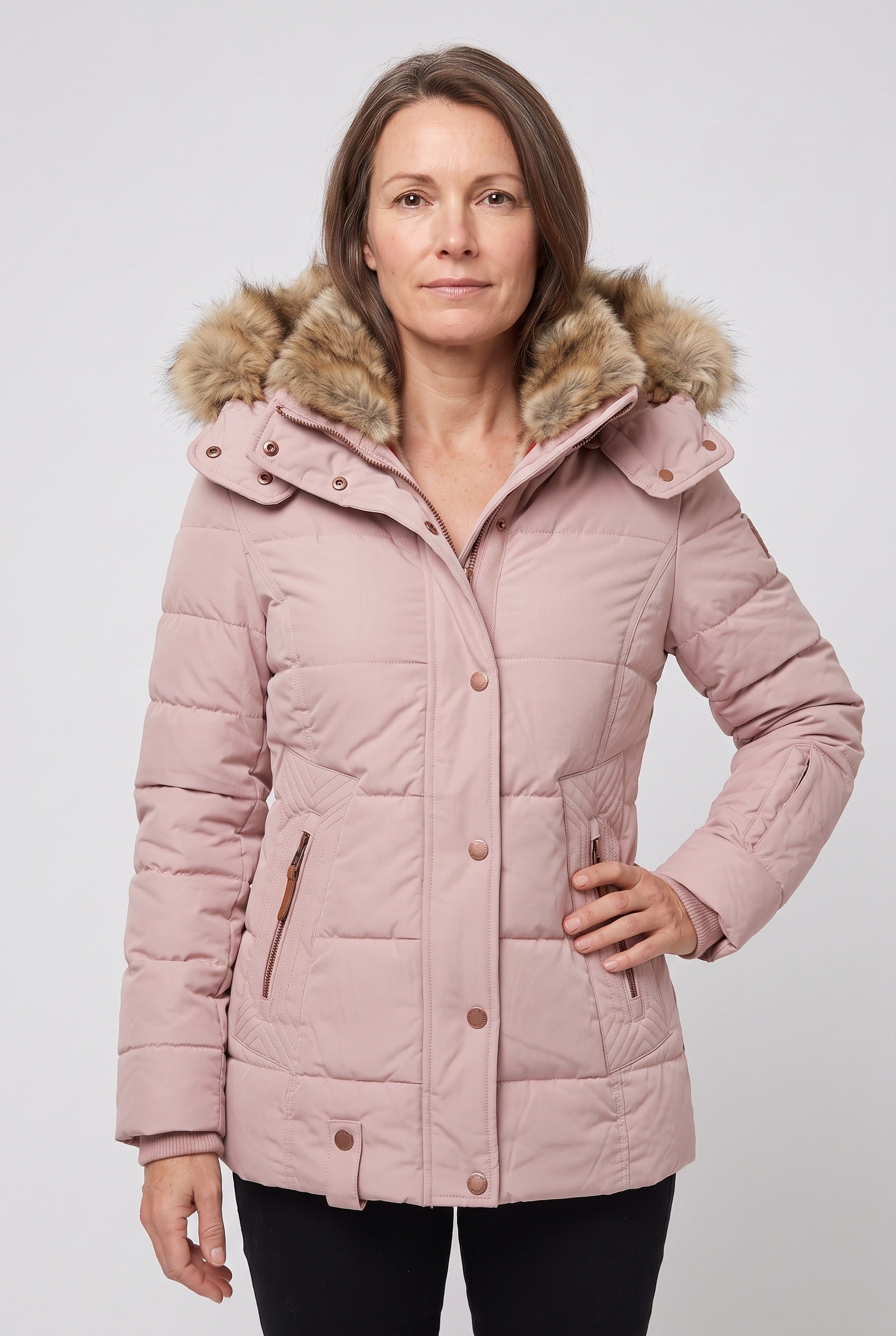 Women's Jacket | Faux Fur Hood Quilted - Pink