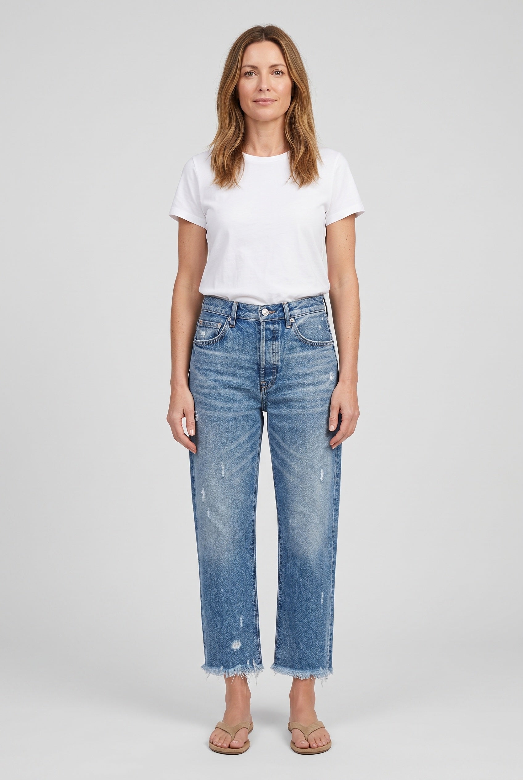 Women's Jeans | Straight Leg Cropped Fringed - 2
