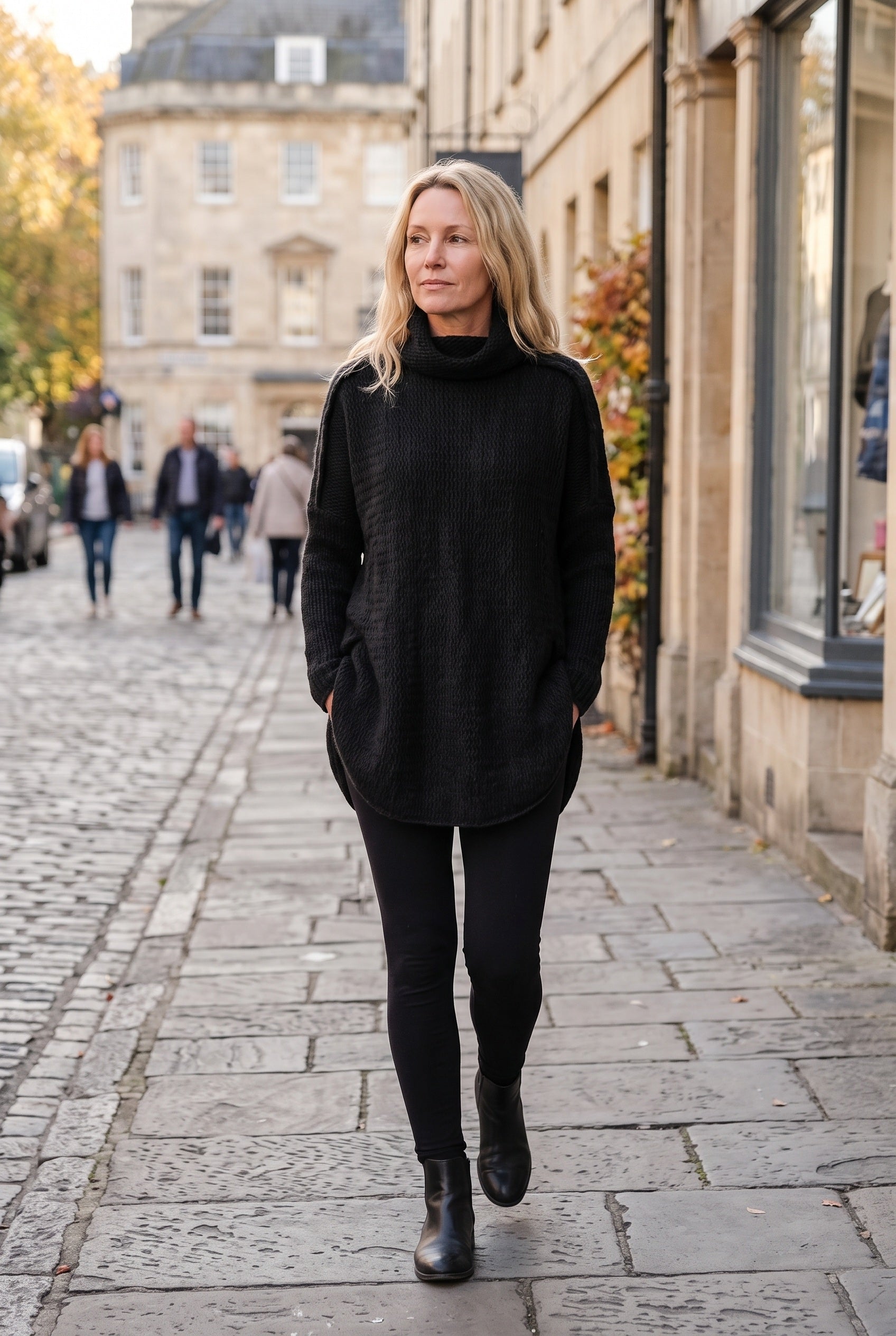 Women's Jumper Dress | Chunky Knit Funnel Neck - Black lifestyle