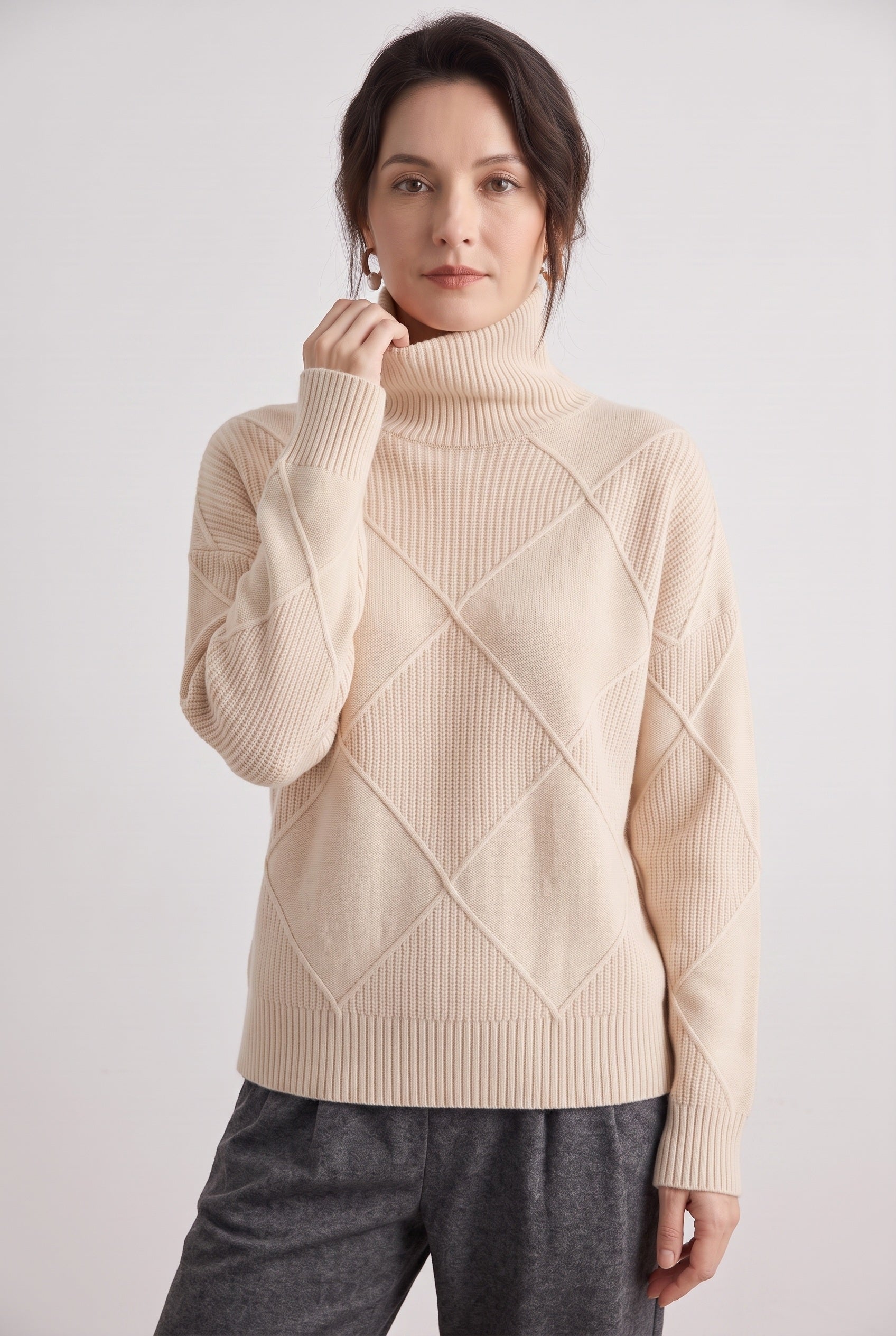 Women's Jumper | Roll Neck with Diamond Knit - Beige