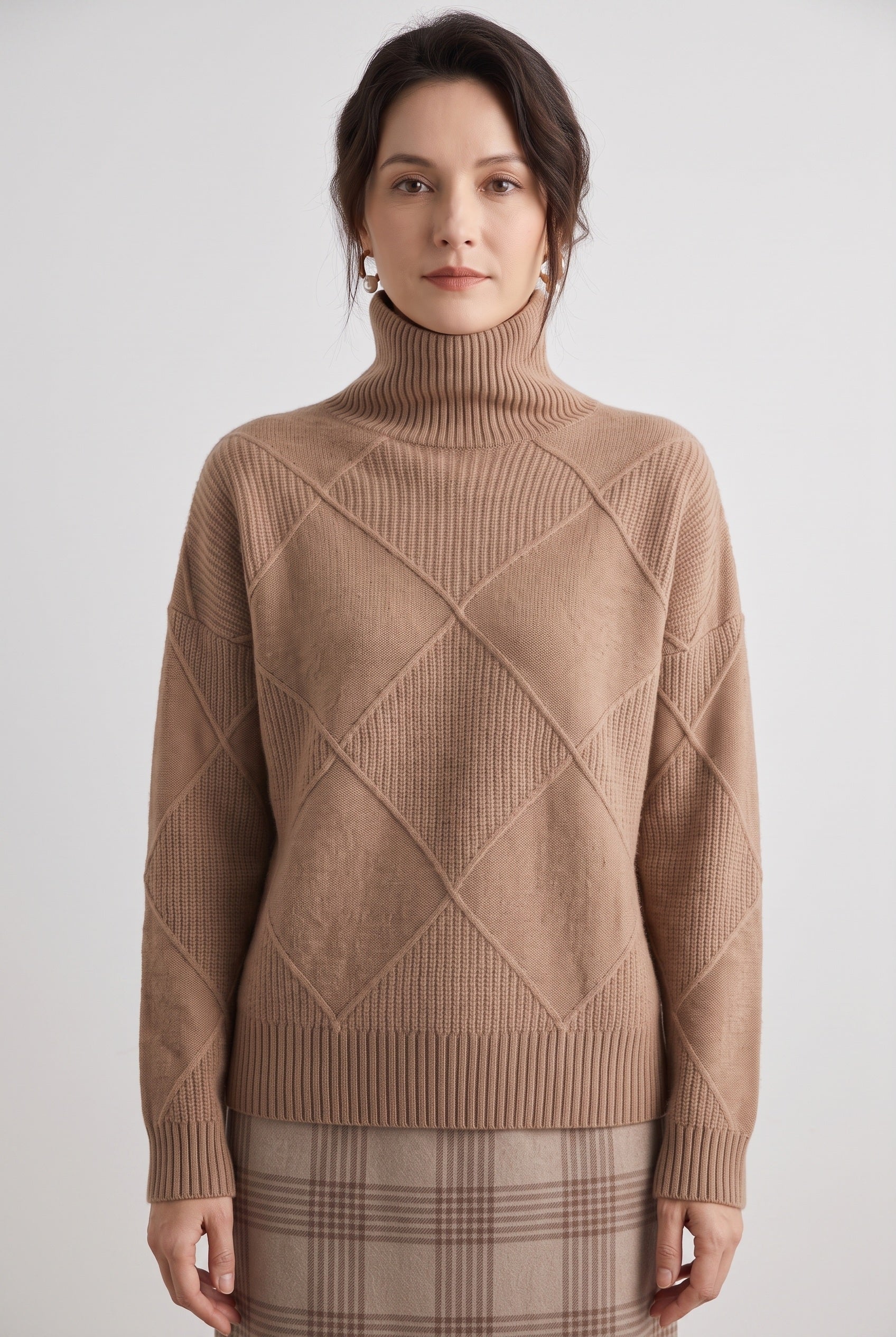 Women's Jumper | Roll Neck with Diamond Knit - Brown
