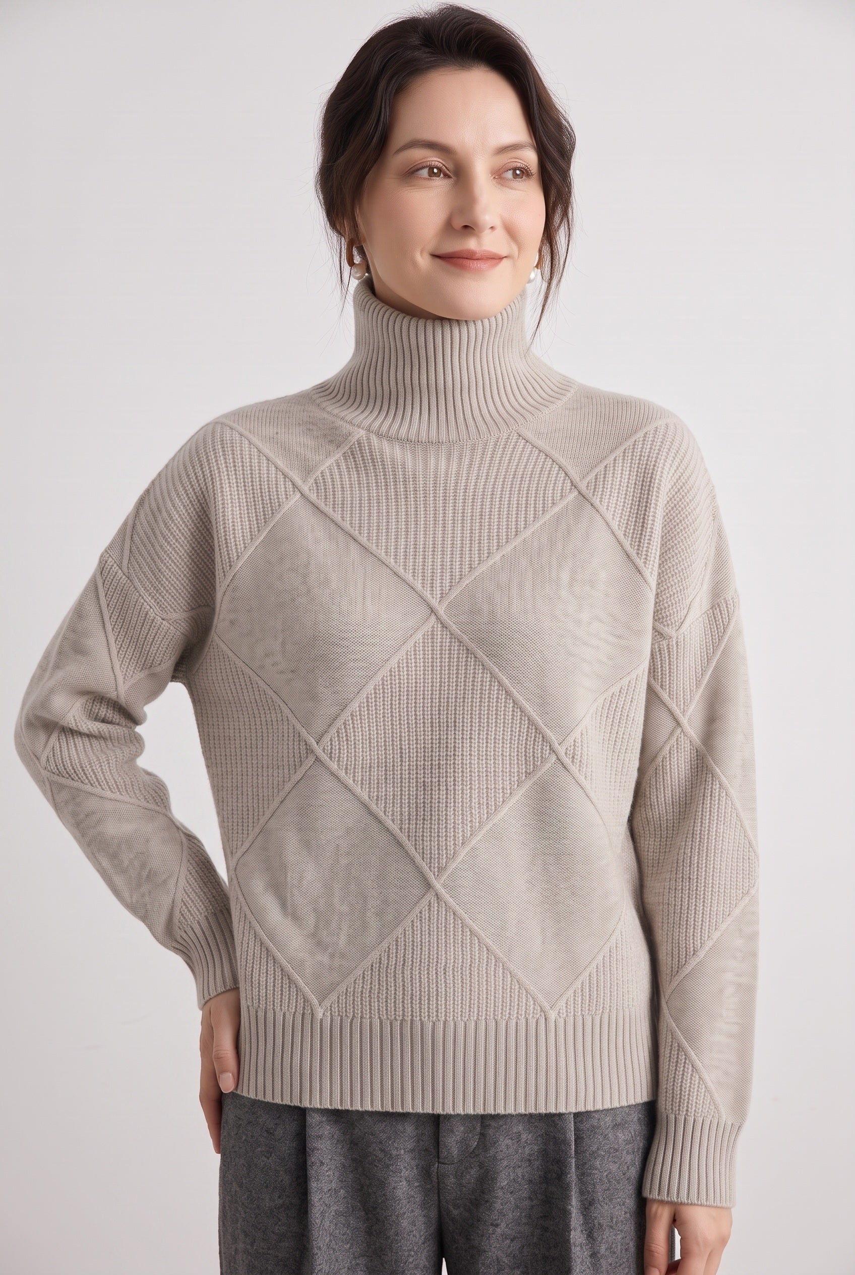 Women's Jumper | Roll Neck with Diamond Knit - Khaki