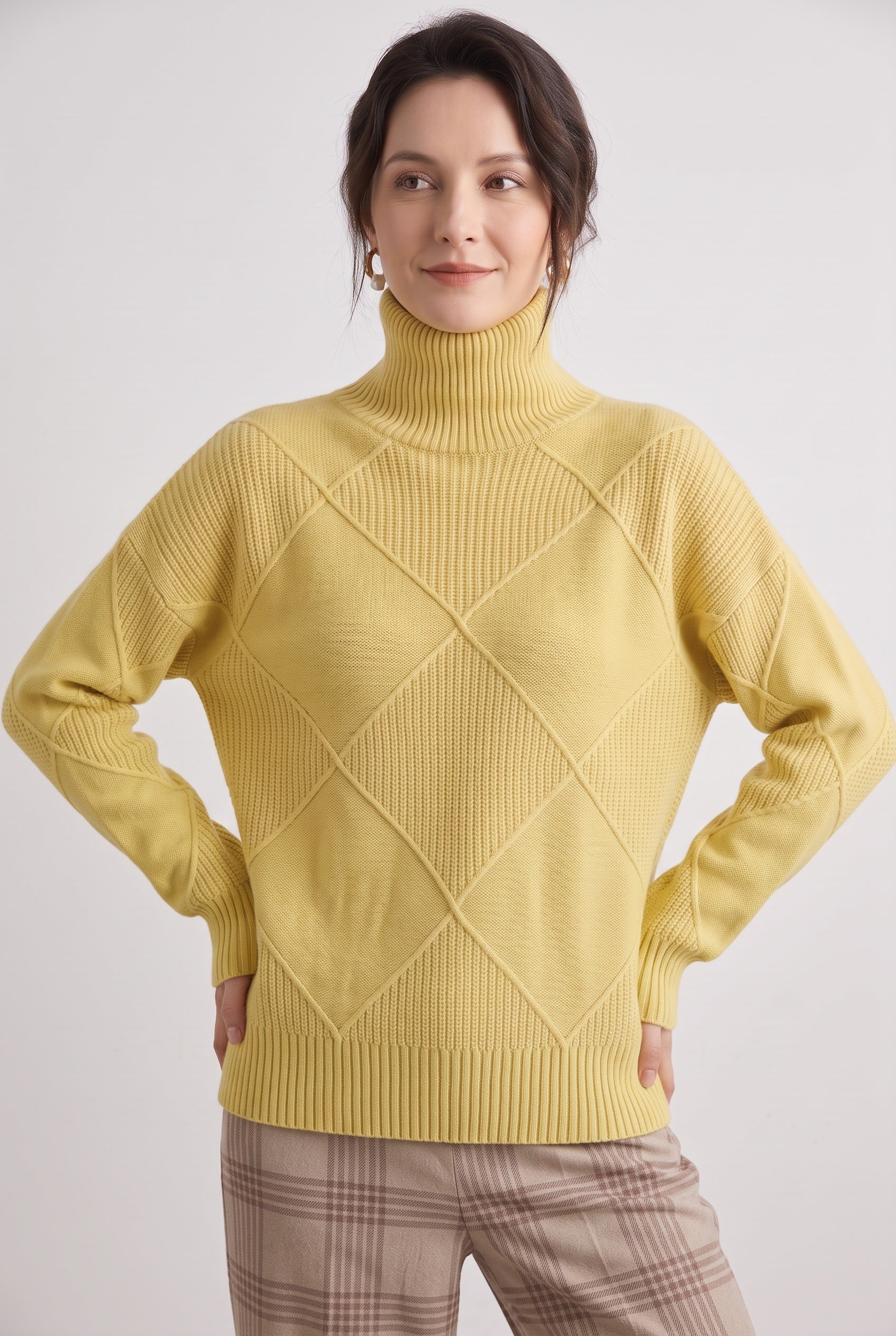 Women's Jumper | Roll Neck with Diamond Knit - Yellow