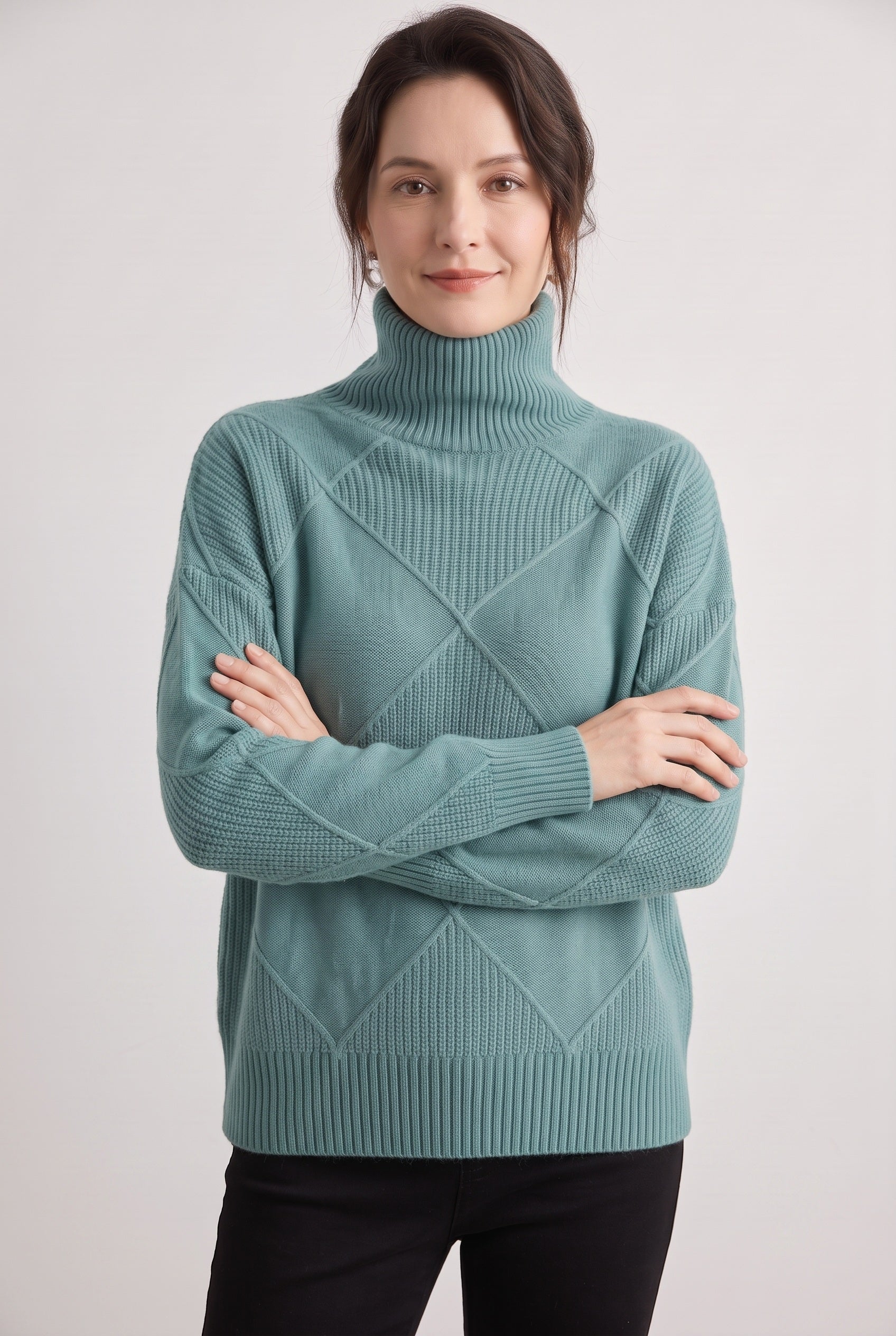 Women's Jumper | Roll Neck with Diamond Knit - Teal