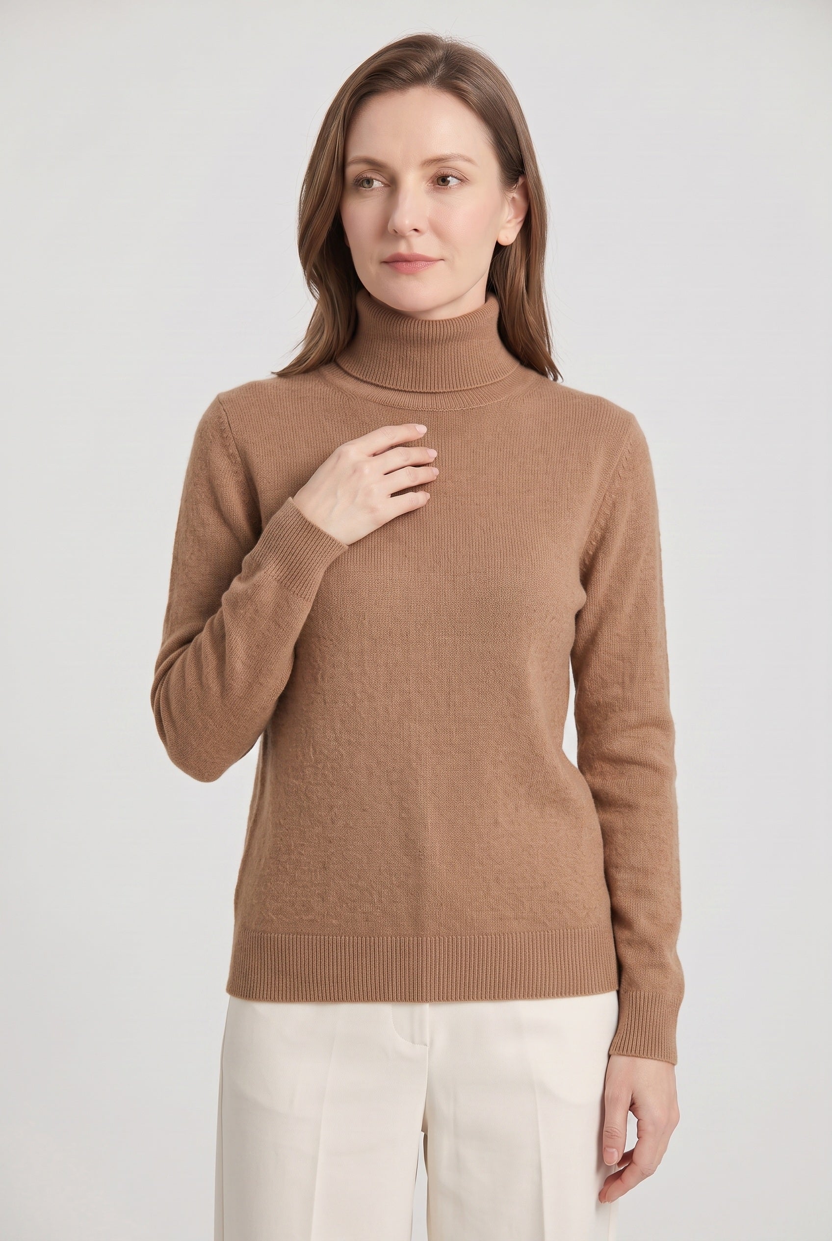 Women's Jumper | Roll Neck with Ribbed Trims - Brown