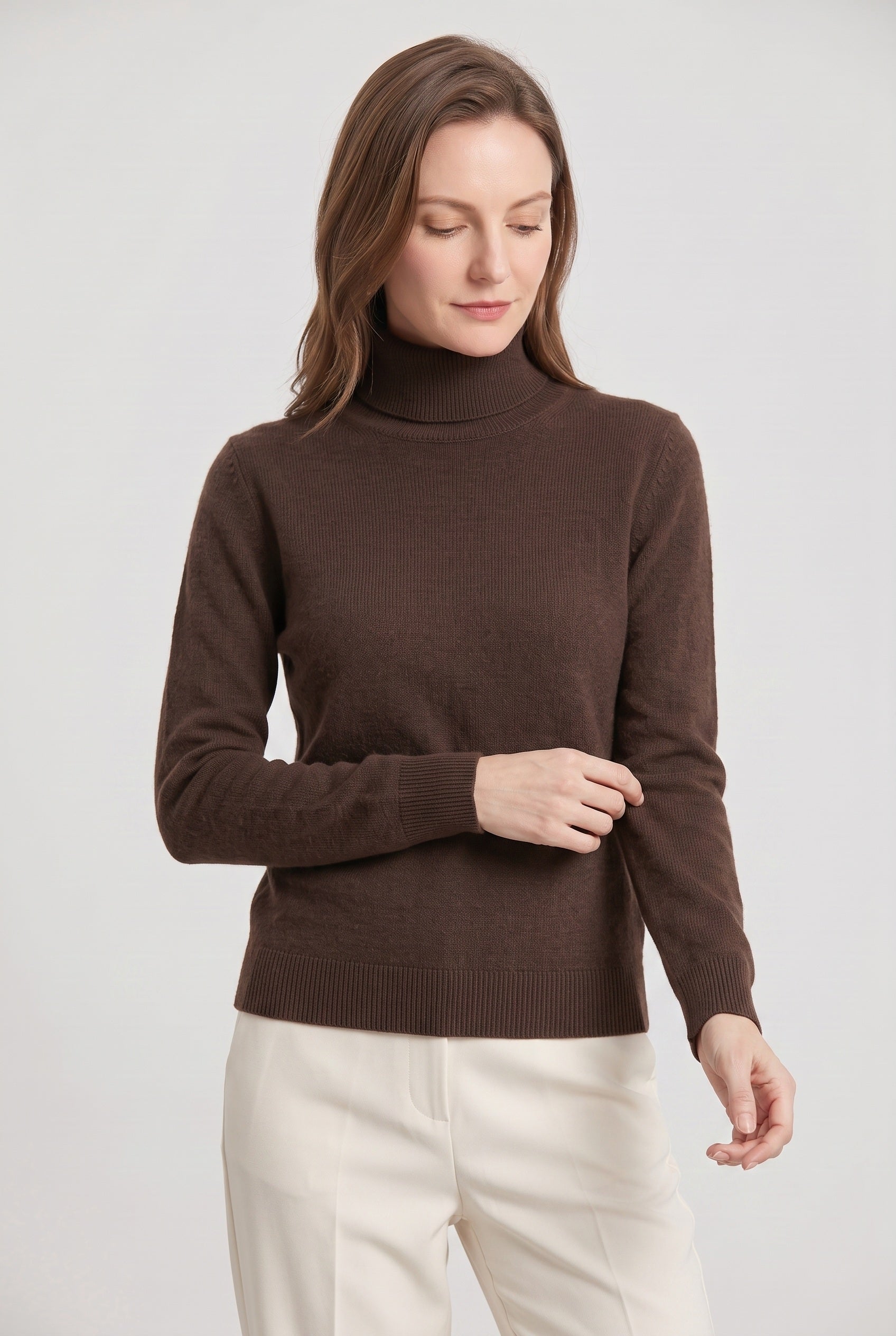 Women's Jumper | Roll Neck with Ribbed Trims - Dark Brown