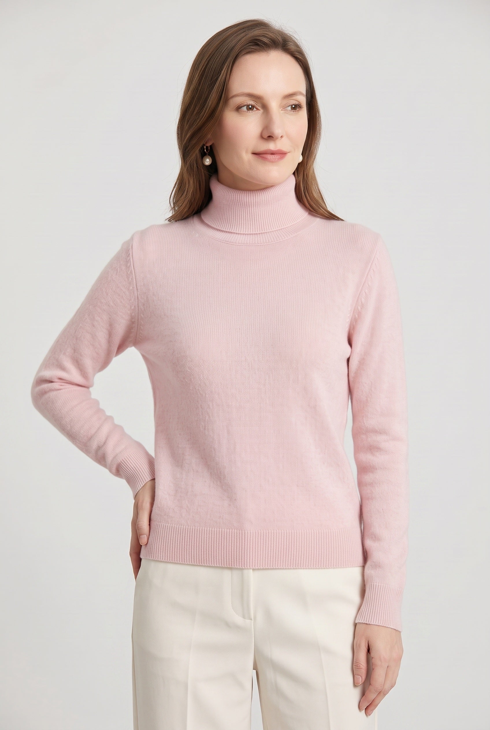 Women's Jumper | Roll Neck with Ribbed Trims - Light Pink