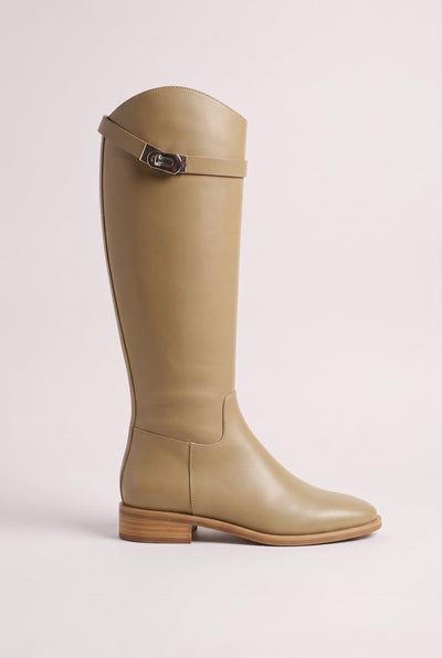 Women's Knee High Boots | Flat Buckle Strap - Beige