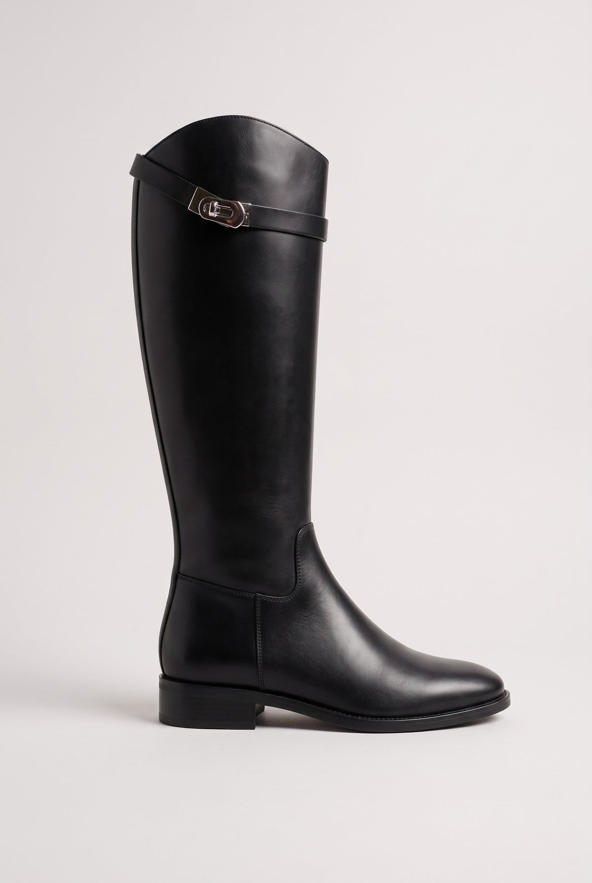 Women's Knee High Boots | Flat Buckle Strap - Black