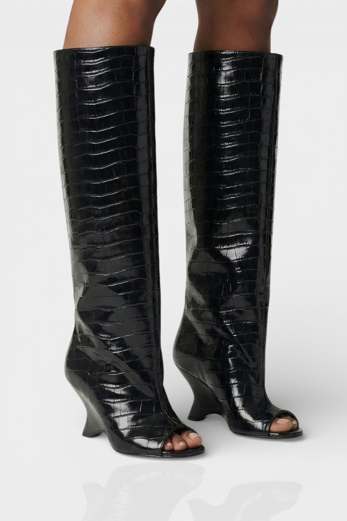 Women's Knee High Boots | Peep Toe Wedge - 6