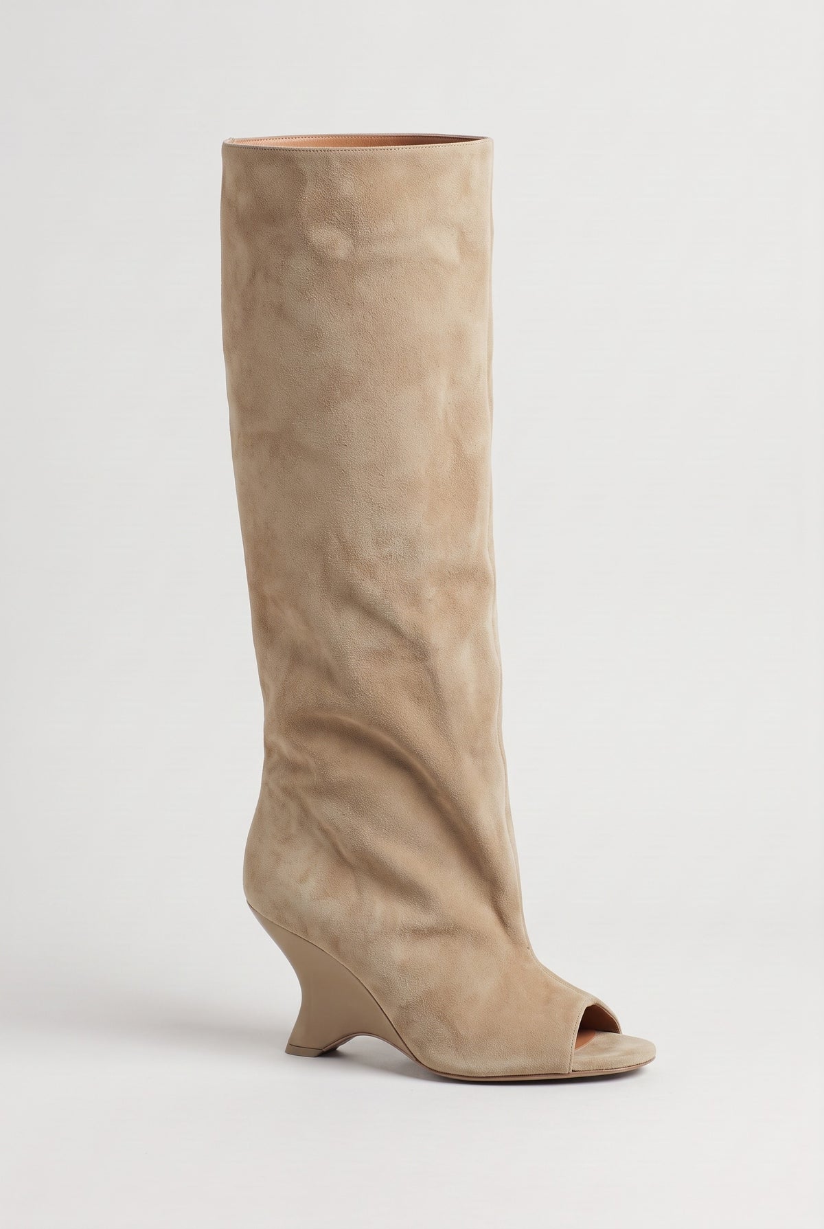 Women's Knee High Boots | Peep Toe Wedge - Apricot Suede
