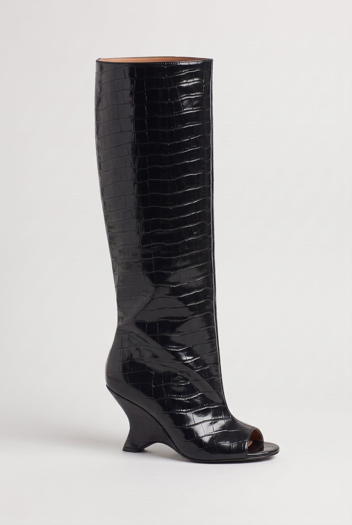 Women's Knee High Boots | Peep Toe Wedge - Black Textured Faux Leather