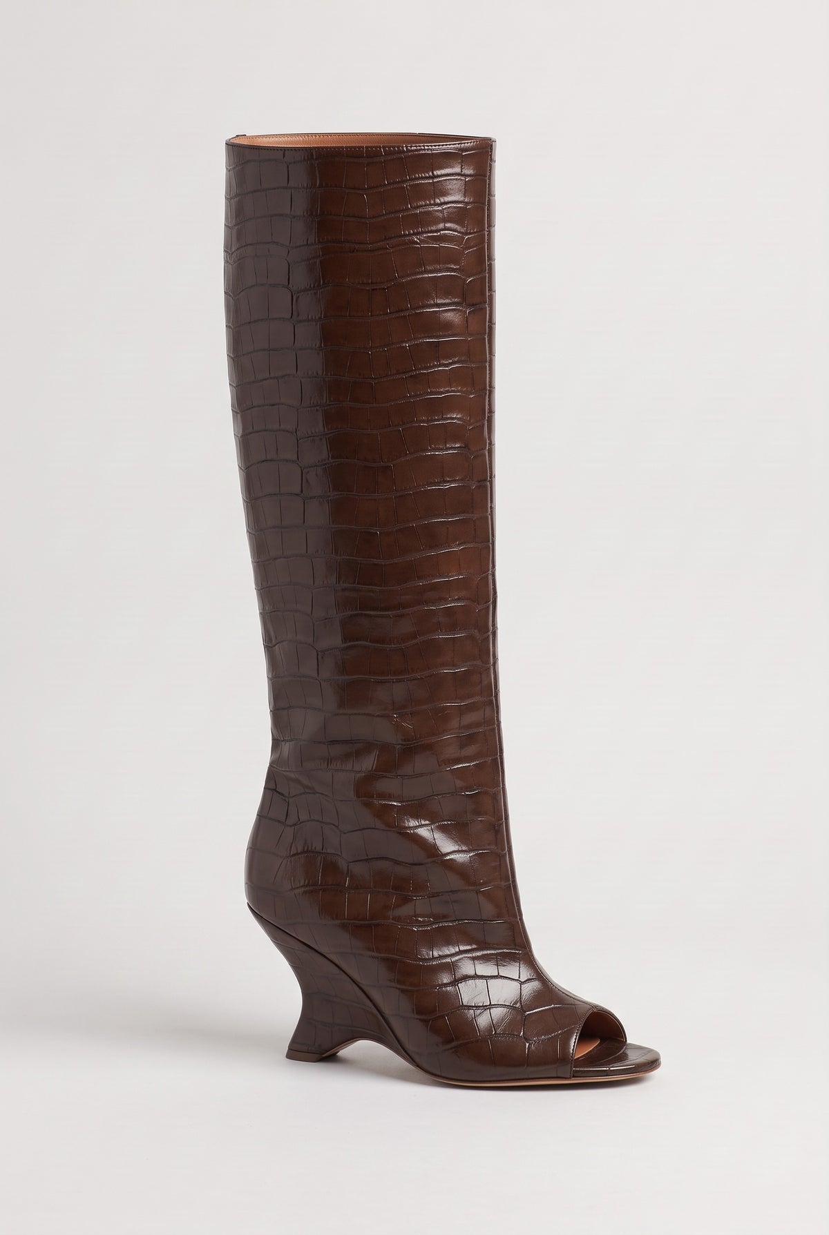 Women's Knee High Boots | Peep Toe Wedge - Brown Textured Faux Leather