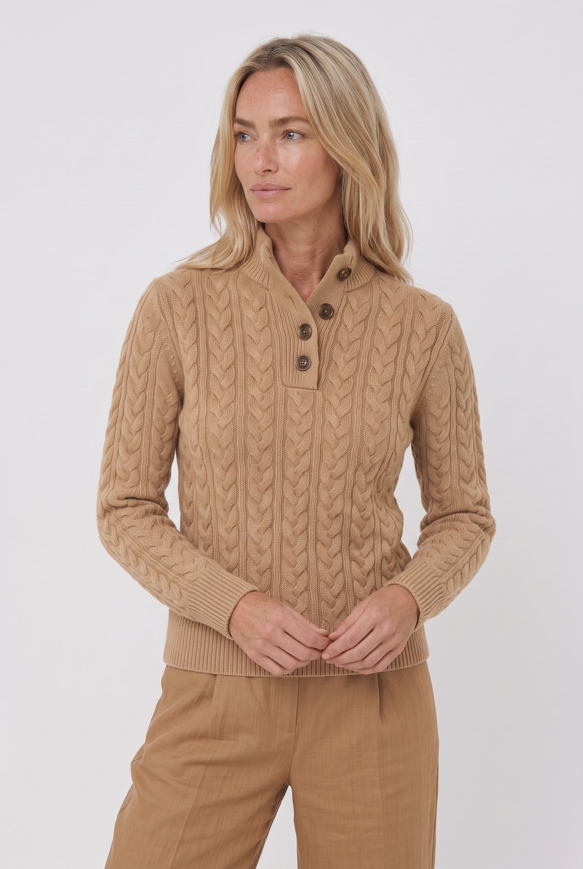 Women's Knitted Jumper | Button Stand Collar - Khaki